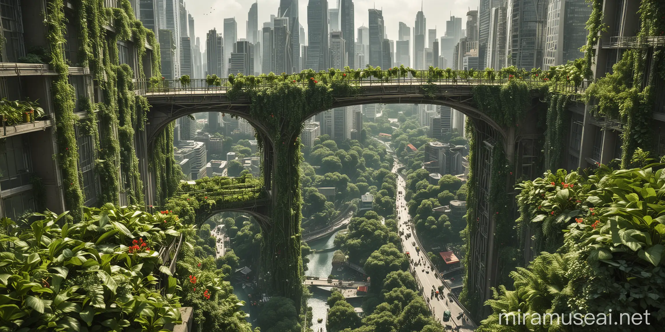 Create an ant's eye view of a city of skyscrapers, each adorned with lush terrace gardens. The buildings are interconnected by a vast network of bridges, all covered with climbing plants. The scene should depict a pleasant and beautiful green landscape, showcasing the harmonious blend of nature and urban architecture.