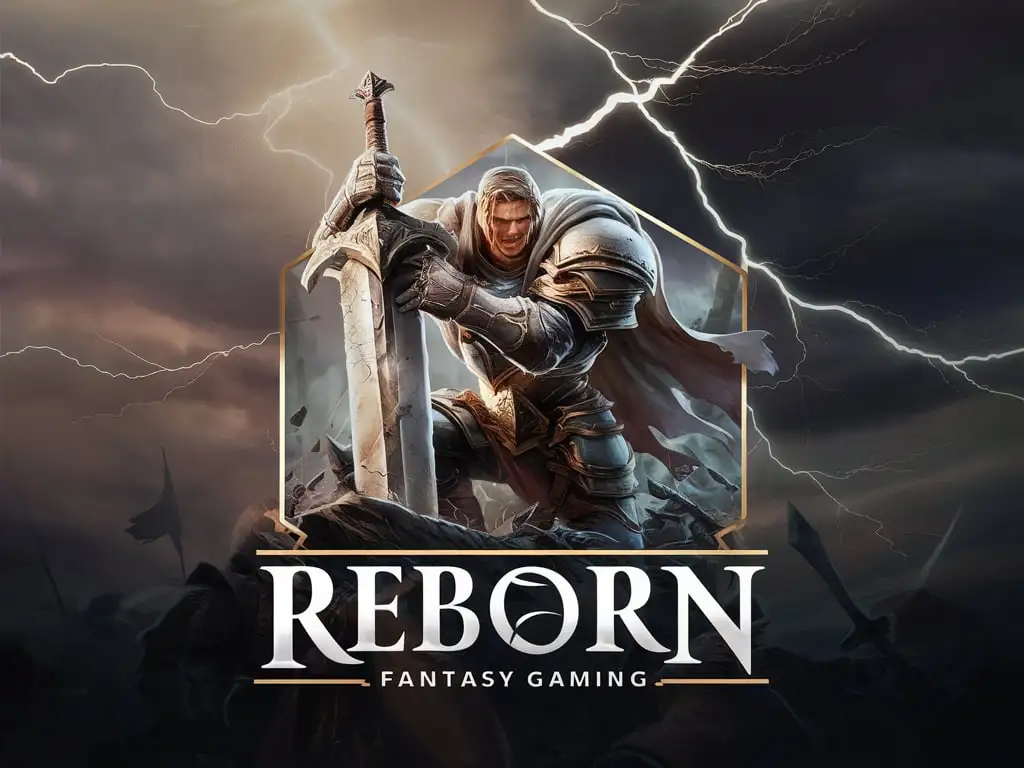 fantasy gaming logo called Reborn with a hero