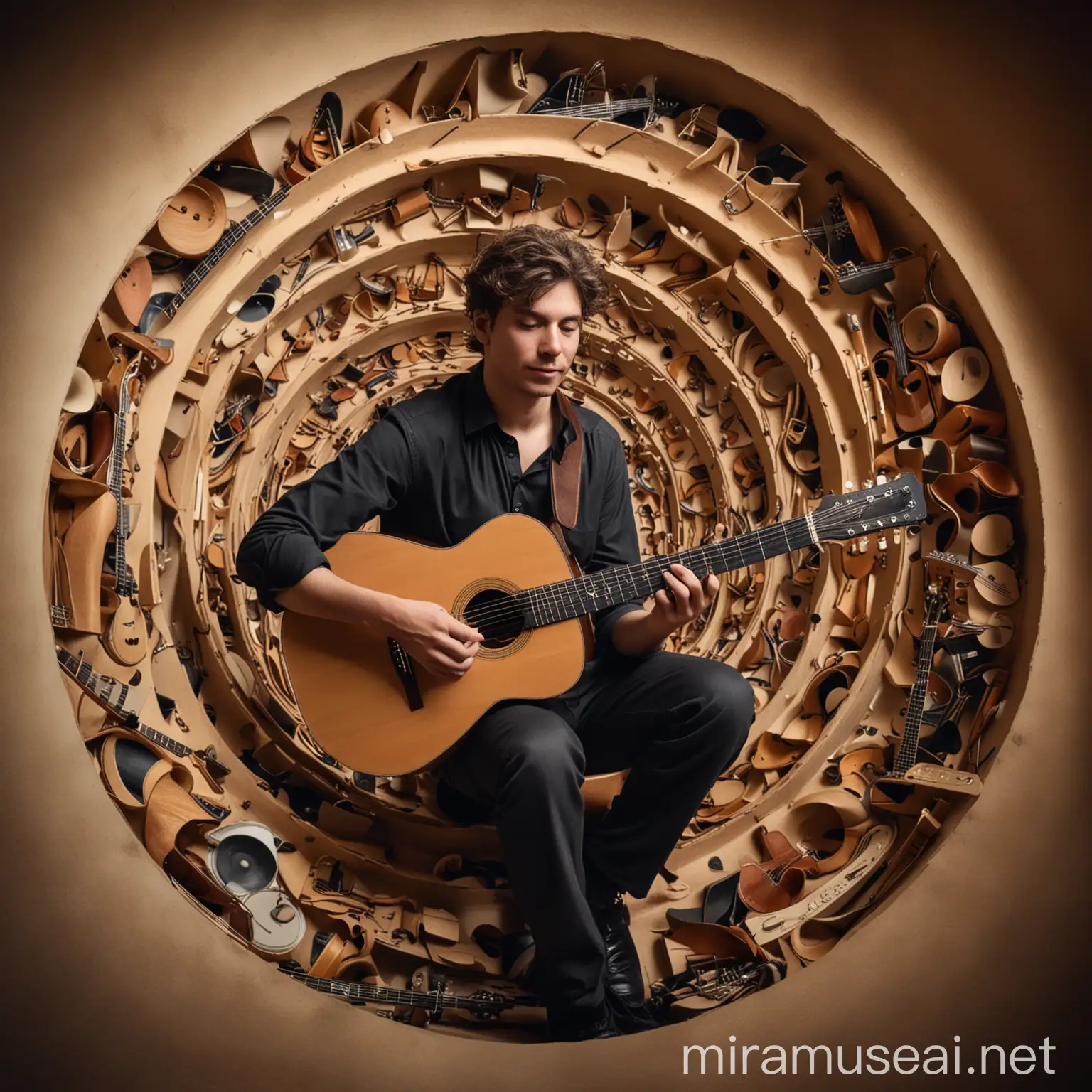 Portrait guitarist man shaded between a spiral and scattered instruments