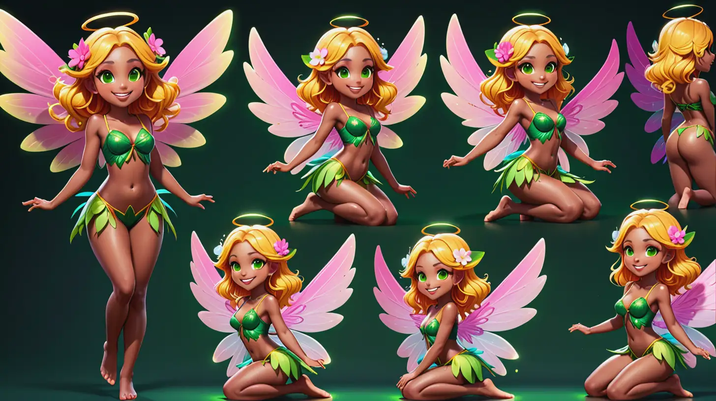 A sprite sheet featuring different poses of a beautiful flower nymph with pink wings, yellow hair, green eyes, and brown skin. The character should face front and back. Each pose should convey a different action or emotion, such as smiling, laughing, singing, and crying. The background should be transparent to focus on the character's design.