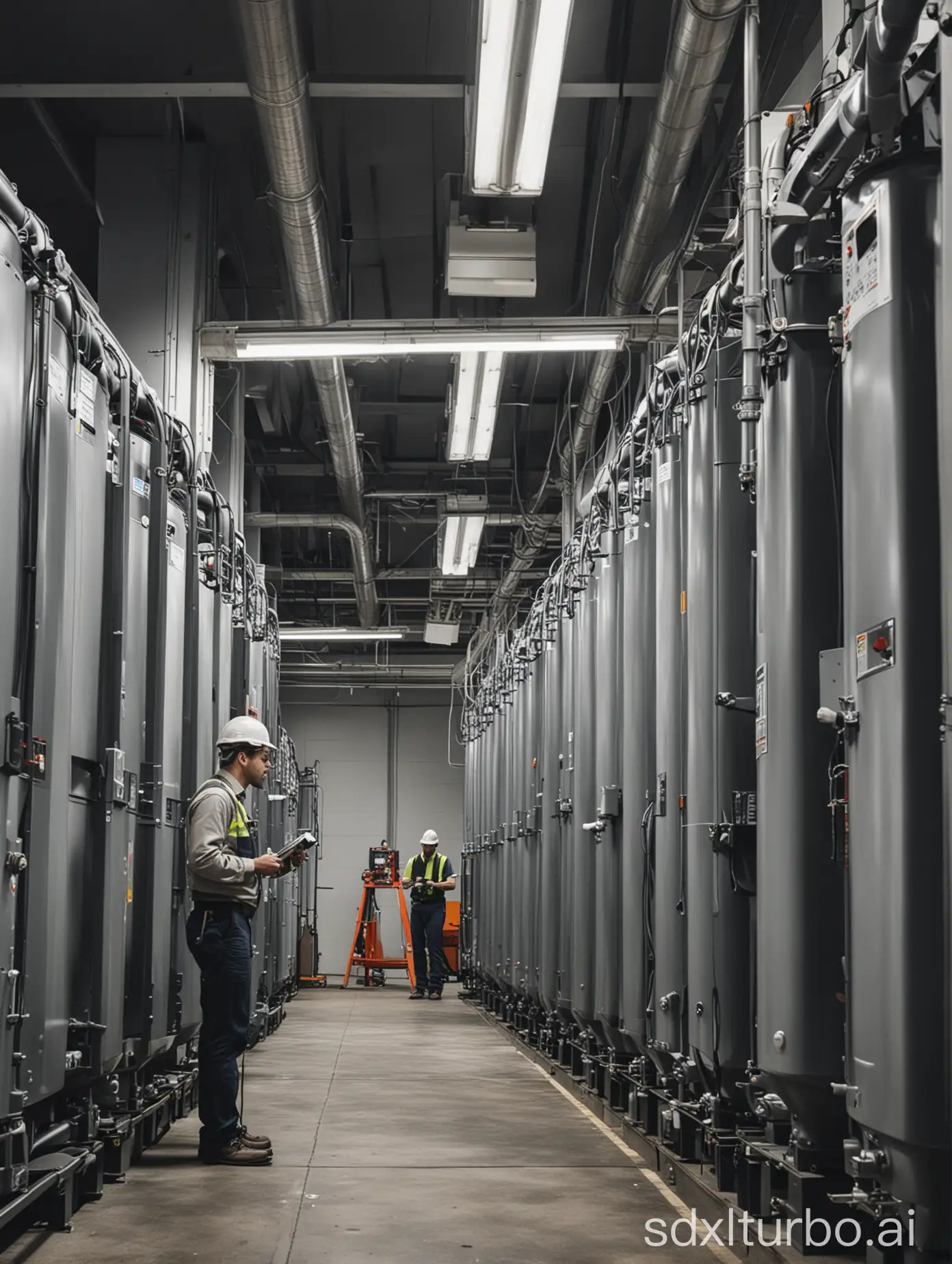 Inside a commercial property building, an engineer inspects equipment