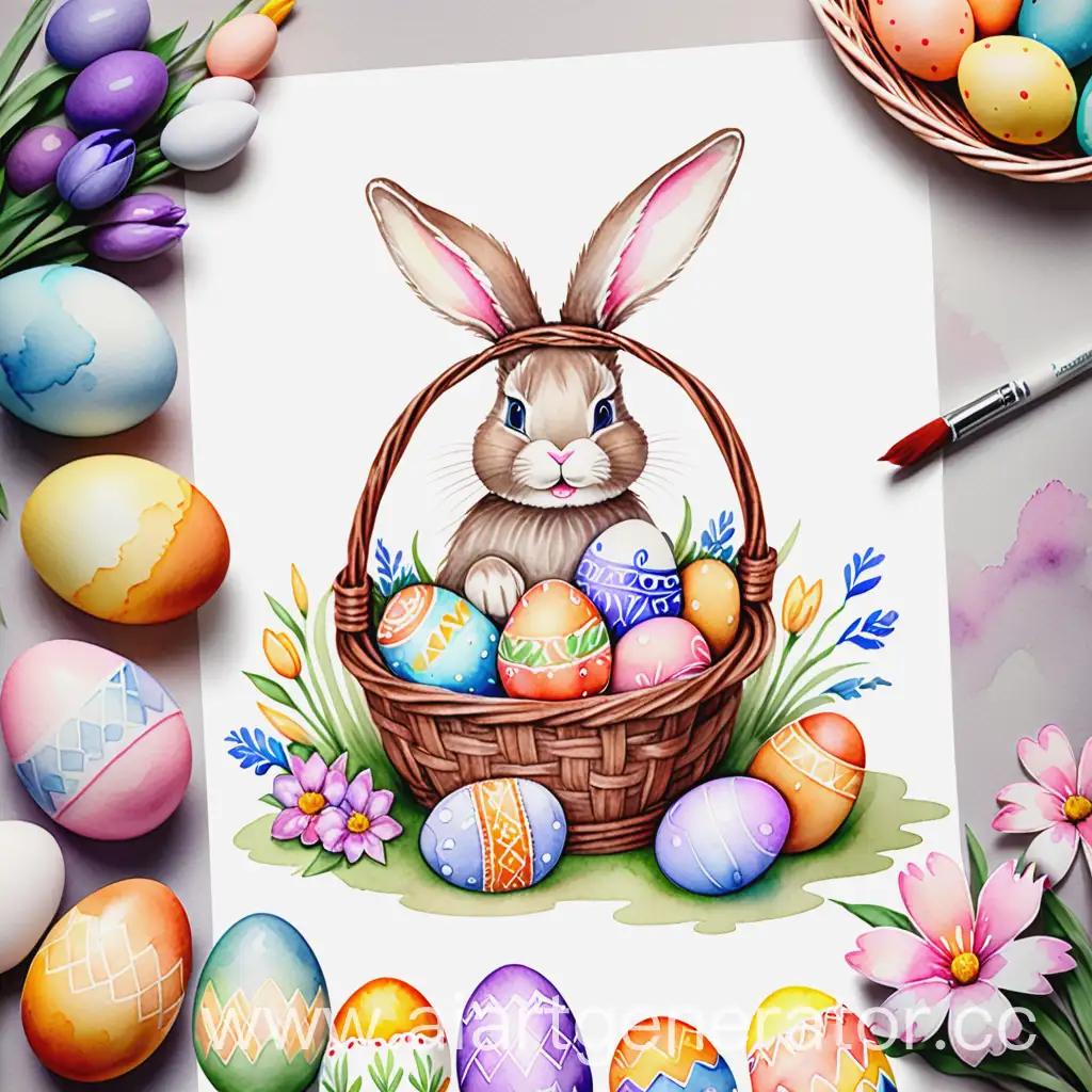 Bright-Easter-Watercolor-Art-Celebrating-Christ-is-Risen-with-Bunny-Eggs-Cake-and-Basket