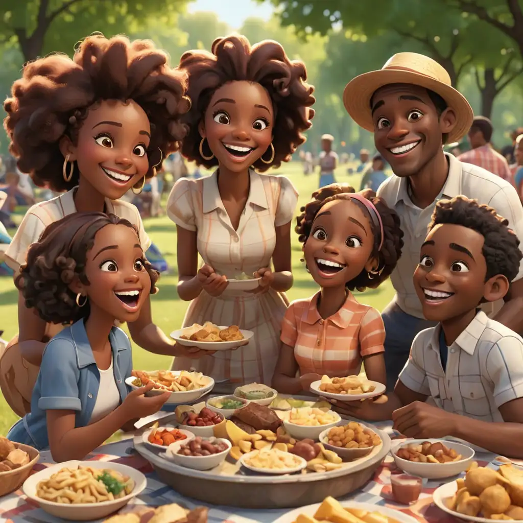 defined 3D cartoon-style several African Americans having a soul food picnic in the park smiling  