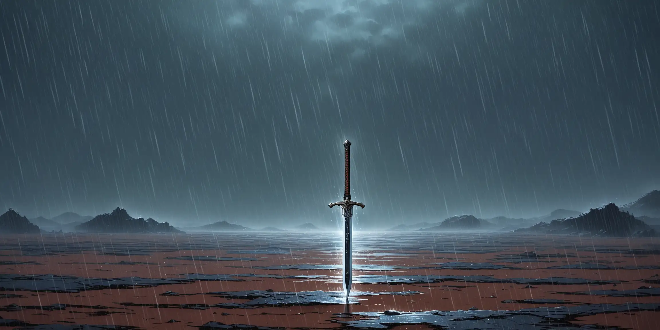 Rusted Sword in Rain Desolate Plain Landscape Art