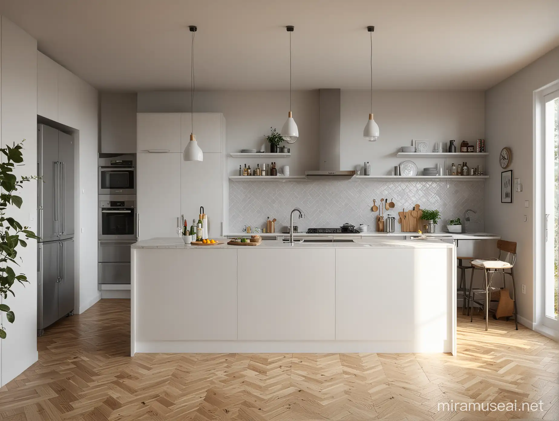 a small modern kitchen, white and gray tones, There is parquet on the walls , 8k  bright, photorealistic, sunny, strong light , decorative objects on wall, realistic light, wide angle,  photography, A+D architecture