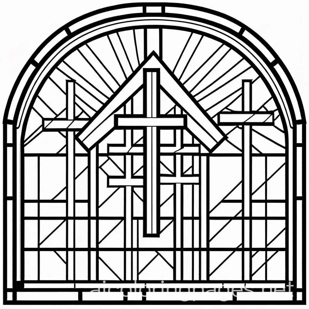 stain glass crosses on church windows, Coloring Page, black and white, line art, white background, Simplicity, Ample White Space. The background of the coloring page is plain white to make it easy for young children to color within the lines. The outlines of all the subjects are easy to distinguish, making it simple for kids to color without too much difficulty