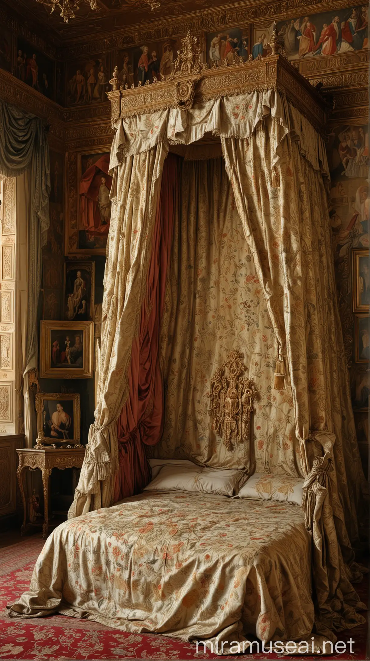 Ferdinand VII of Spain is depicted in a grand Spanish royal bedroom, the bed draped with luxurious silks and brocades. He is shown in a subtly suggestive manner to hint at his rumored large endowment. The queen lies on the bed, appearing pale and distressed, suggesting the rumored cause of her demise. The room is adorned with classic Spanish decor, featuring rich woodwork and religious artifacts.
