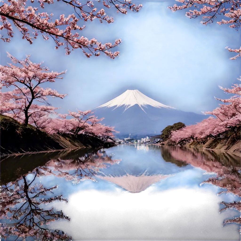 mt. fuji and cherry blossoms shadow on a river