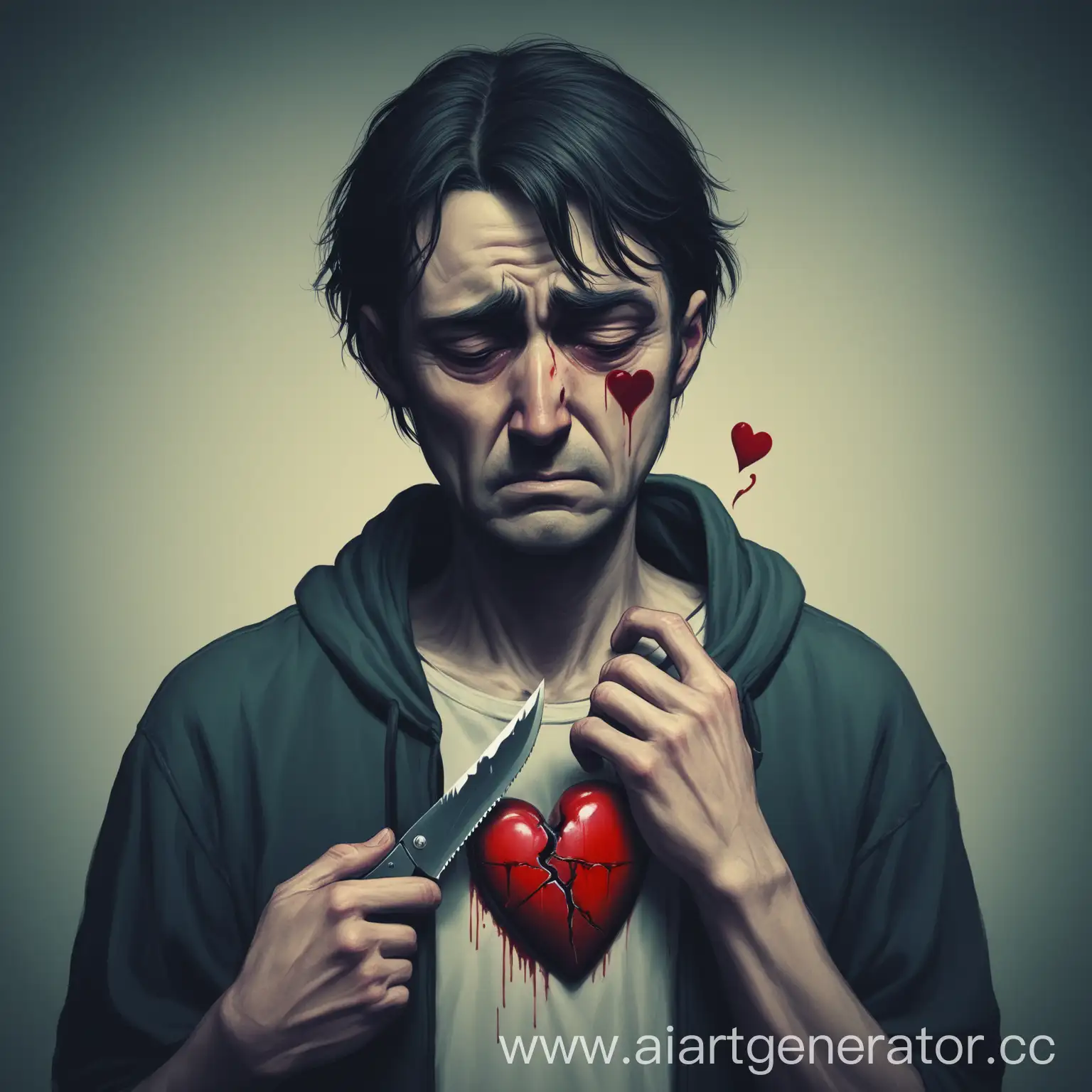 sad man with knife in his heart
