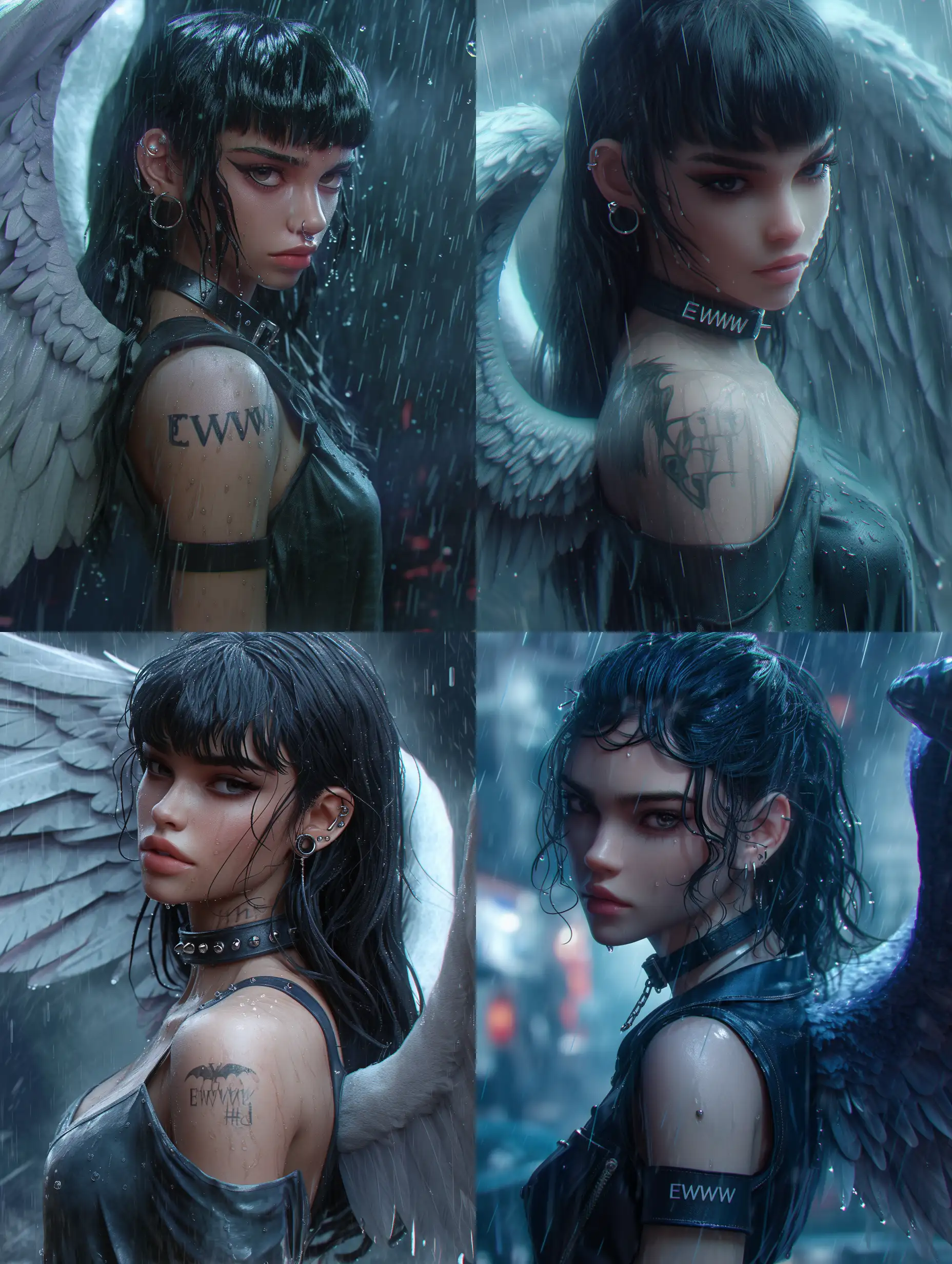 side view, look to the viewer, 3D character, stunning Zendaya, angel wings, black hair, piercing, collar with the inscription "EWW", standing in rain, 3D render, ultra realistic skin, CGI VFX fine art, ZBrush HDR | dark shadows | ambient occlusion | high resolution | intricate | hyperrealistic textures, rain background. :: anime::-0.1 --niji 6 --s 250