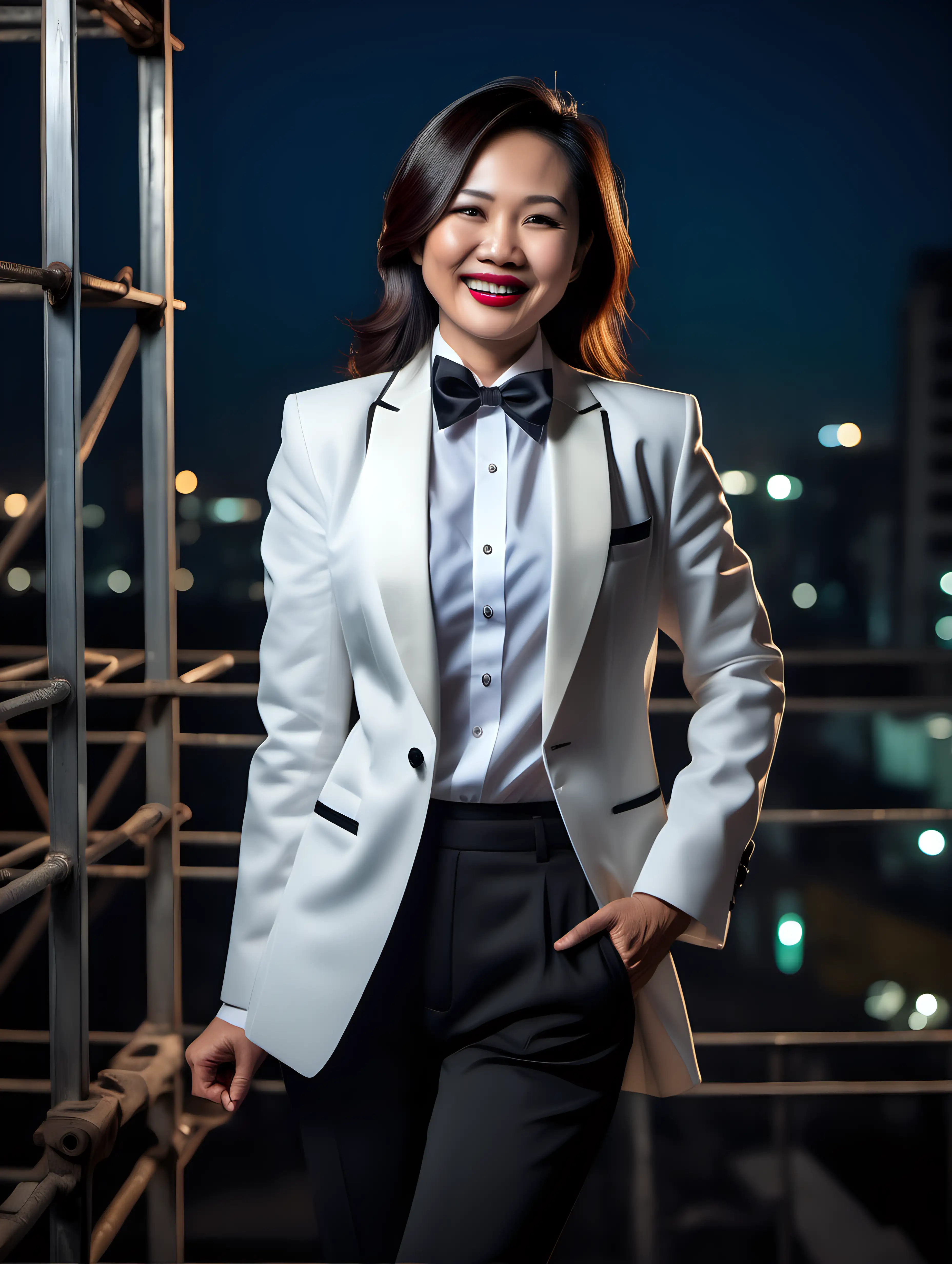 A stunning and cute and sophisticated and confident 40 year old Vietnamese lady with shoulder length hair and  lipstick wearing a white tuxedo with a white shirt with (cufflinks) and a (black bow tie) and (black pants), standing on a scaffold facing forward, laughing and smiling.  Her jacket is unbuttoned.  She is relaxed. It is night.