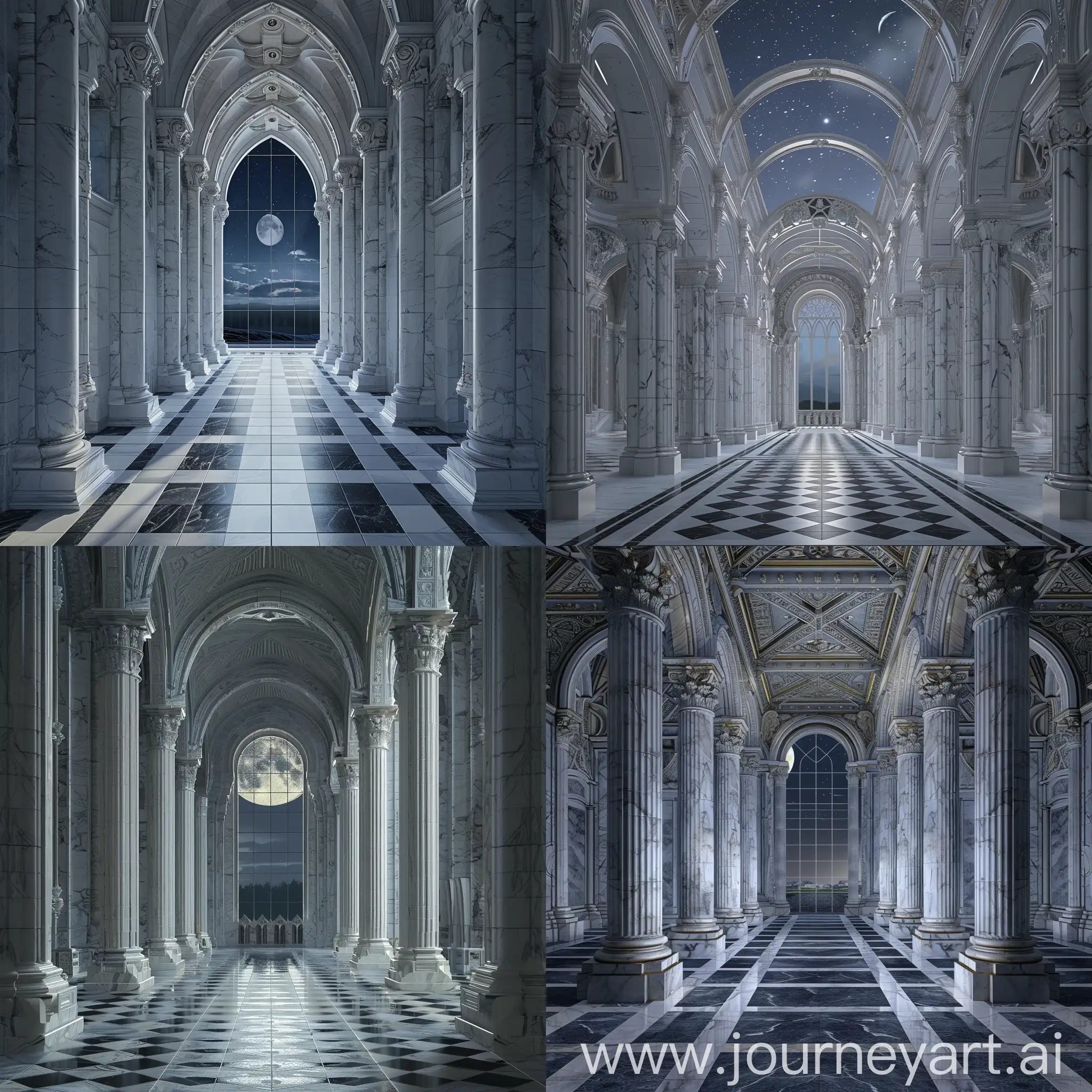 A huge, long hall of the castle, in the Gothic style, consisting of white and gray marble. On the sides of the hall there are massive high columns of marble on the floor black and white marble tiles, at the end of the hall a huge window from which cold, dark moonlight falls into the room. Night outside the window