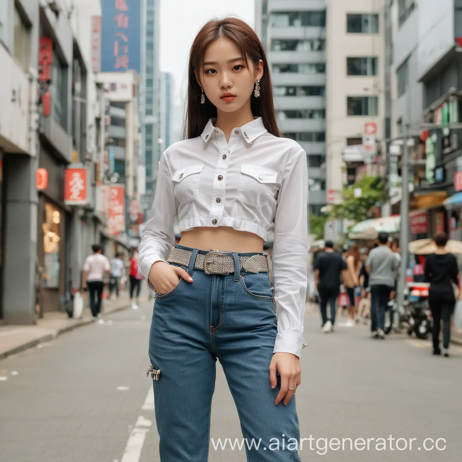 Милая девочка около 18 лет корейской внешности стоит в городе Seoul в модной одежду Y2k джинсах карго и обтягивающем кроп топе, на поясе белый блестящий ремень со стразами Bb simon