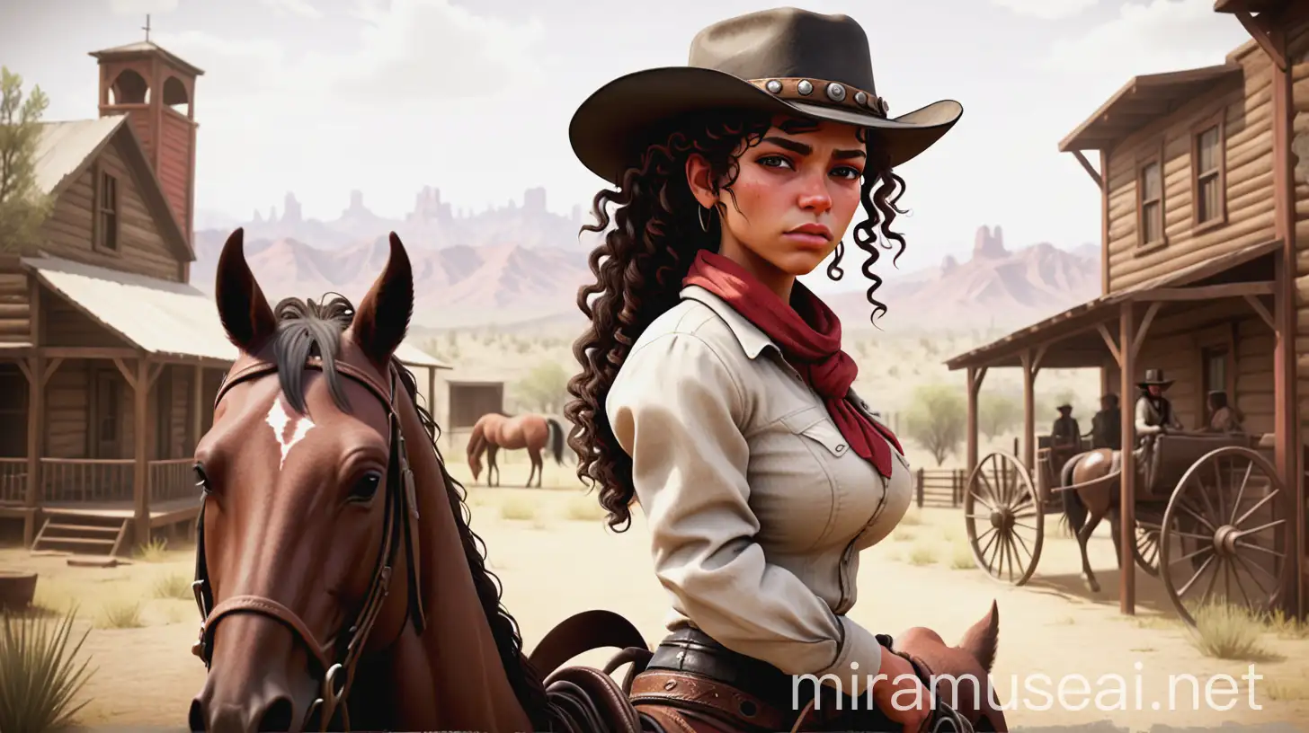 red dead redemption mixed race girl curly coil hair with hat on dressed like a cowboy with an 1899 outback background with a horse dark brown hair