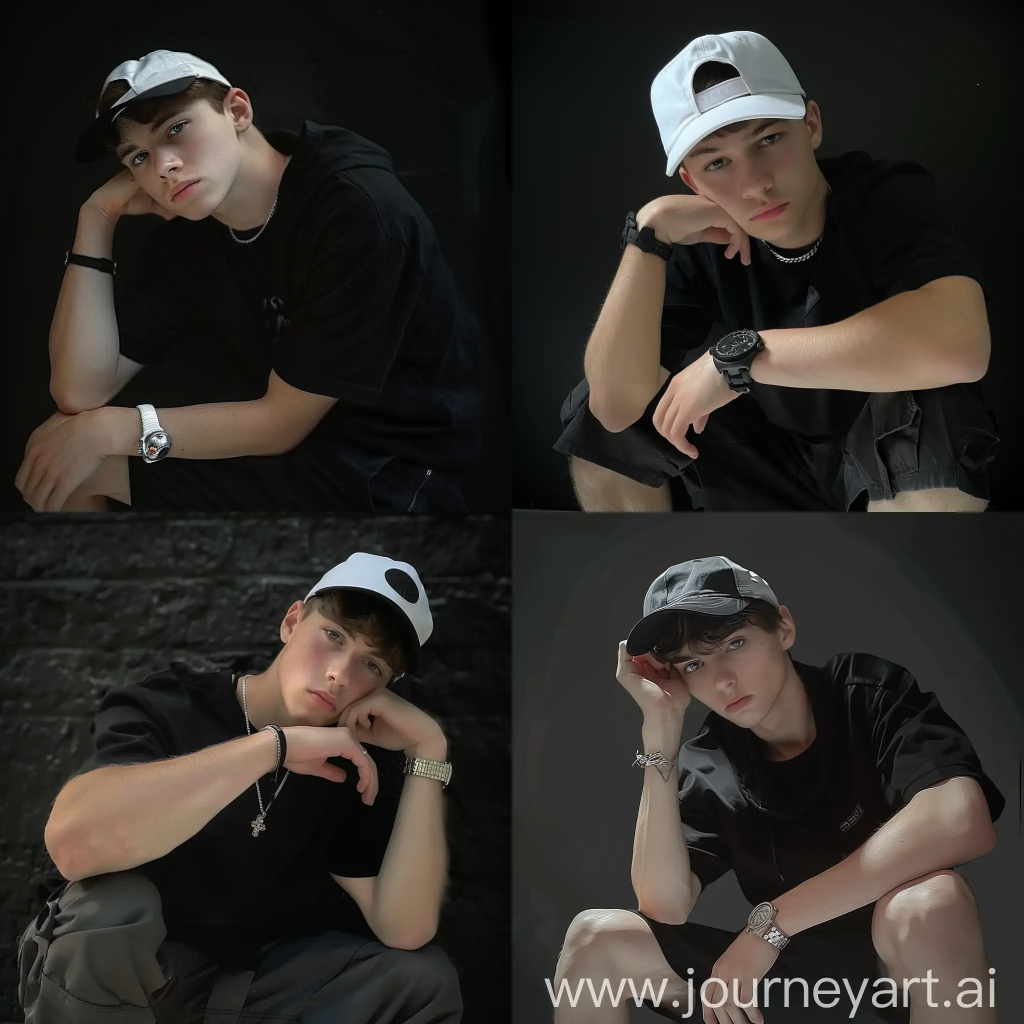 Handsome-Teen-Boy-in-Black-Shorts-and-Cap-Blue-Eyes-Portrait