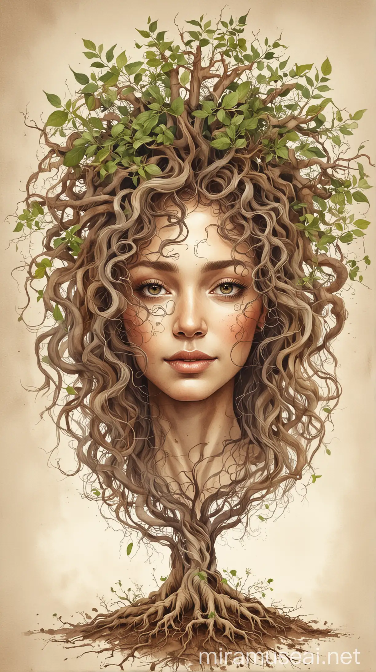 Watercolor Portrait of Mother with Curly Hair Emerging from Earth