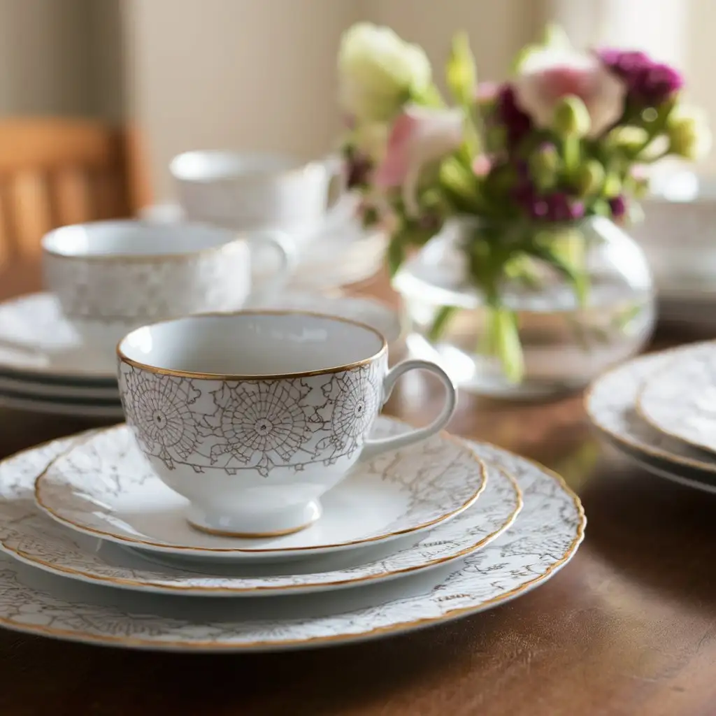 A set of sharp and elegant ceramic tableware, with a clear focus and a blurry background.