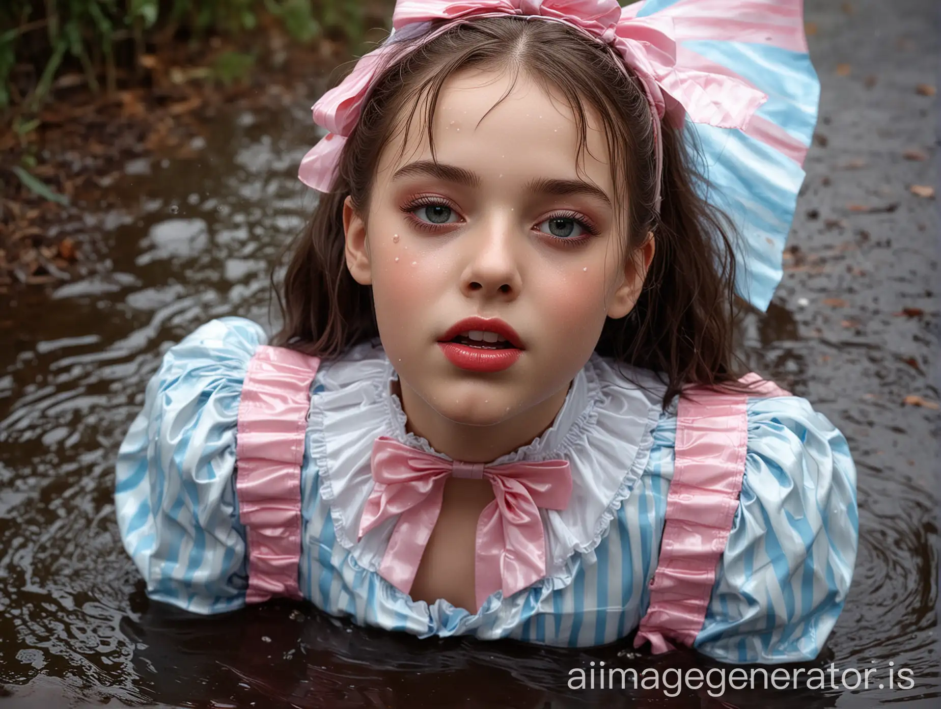hyperrealistic image. highest quality. 10 year old french girl. she is extremely skinny. she has extremely white skin. big darkbrown eyes. mouth wide open. lips are extremely shiny by a lot of the shiniest red lipgloss. She is lying in a forest lake in heavy summer rain. face, hair and clothes are totally wet by the water. she is wearing an extremely shiny latex sweet lolita outfit. collared and totally closed up. the outfit is striped in fine lined lightblue and pink stripes. shiny satin ribbon over the collar and in the hair. over the dress she wears a shiny latex pinafore. shiny pantyhose. shiny pink patent leather shoes. 