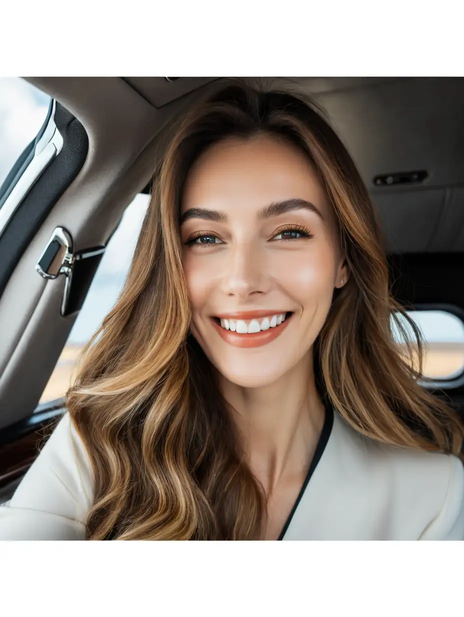 Relaxing private sky jet Beautiful elegant girl smiling face long windy hair on head look direct to camera wearing Armani classical casual white dress