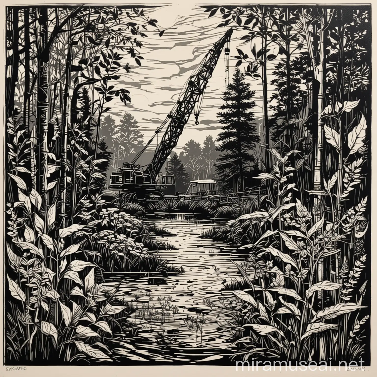 Sharp Black and white Lino block print form with contrasting rhythmic lines Of a organic nature scene with a man made crane in the backrground in the style of Margaret Preston and stencil technique zoomed out 
