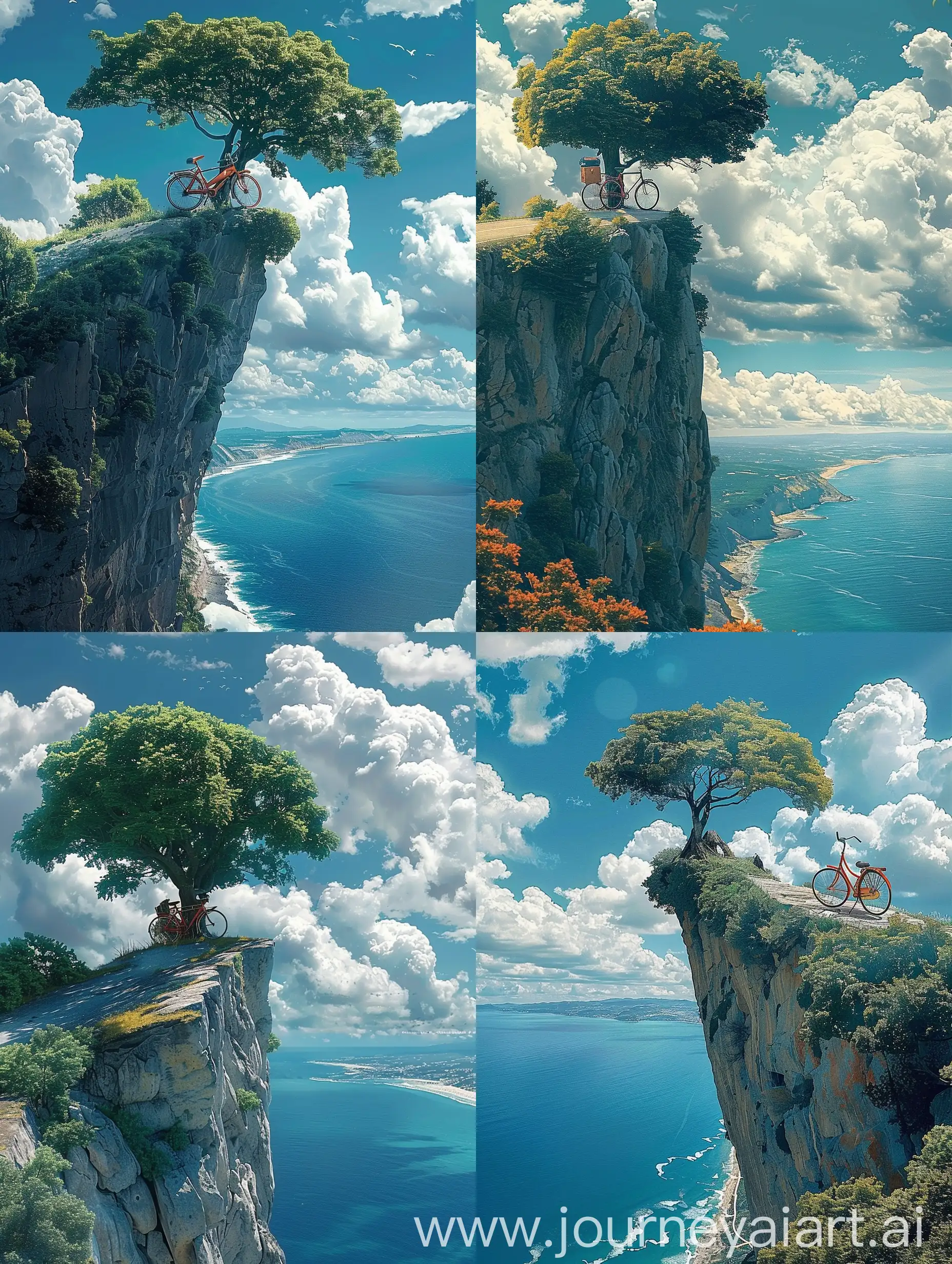 A high cliff,on top is a old bicycle under the huge tree on top of the cliff,far below is a Ocean,fluffy white clouds