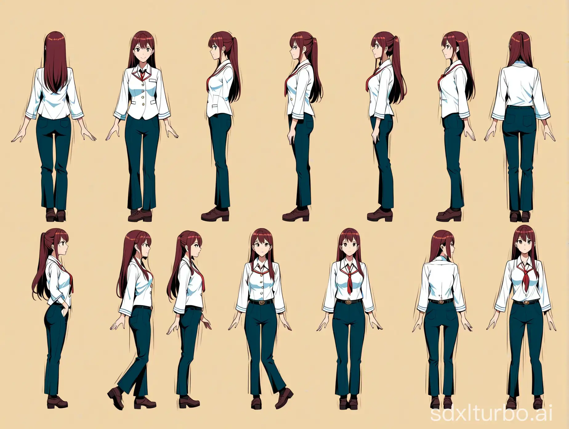 haracter sheet , with different shot size (closeup, full body, side view) newcomer to the company's workplace, freshly graduated female college student, long hair, Japanese manga style, oriental face, 6 action poses from different angles (at least one backside is included), required to look the same, each pose is spaced far apart from each other each pose should be far away from each other