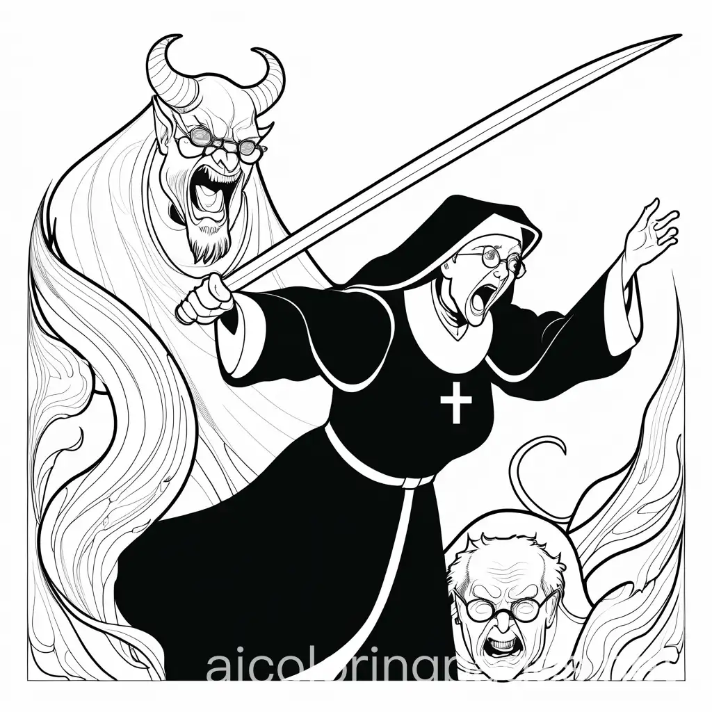 Older nun with glasses battling a demon, Coloring Page, black and white, line art, white background, Simplicity, Ample White Space. The background of the coloring page is plain white to make it easy for young children to color within the lines. The outlines of all the subjects are easy to distinguish, making it simple for kids to color without too much difficulty