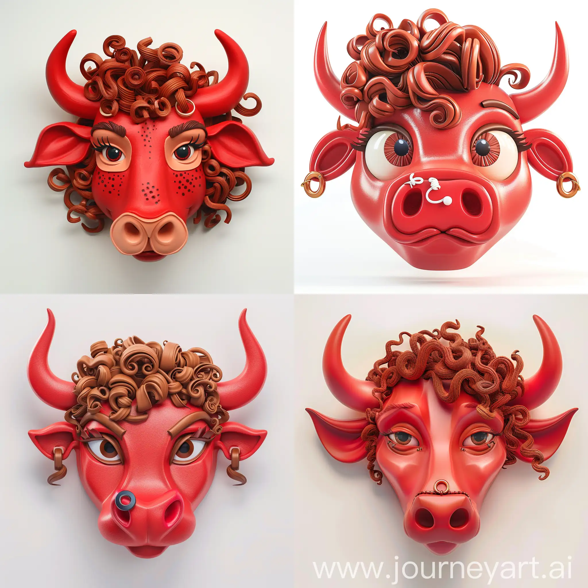 A red bull head, brown curly hair falls over the eyes, cute, nose ring, Plasticine style, a big red head, 3d, white background
