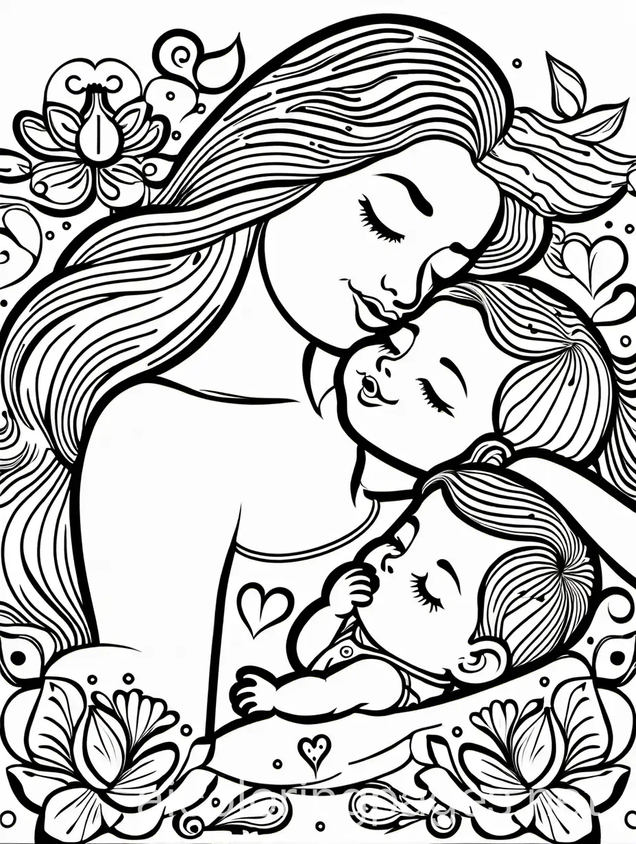 Mothers-Day-Baby-Kisses-Coloring-Page-Simple-Black-and-White-Line-Art