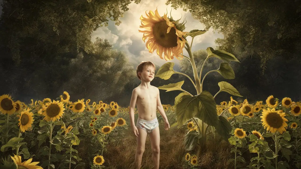 Boy with Sunflower in Forest Clearing