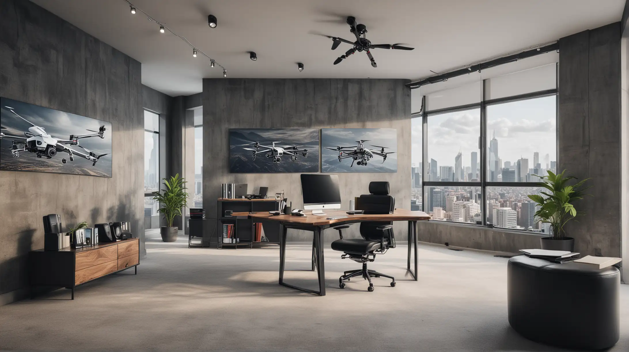 generate a office background
 for the ceo of a drone flying company that does photograph, video and drone mapping and training