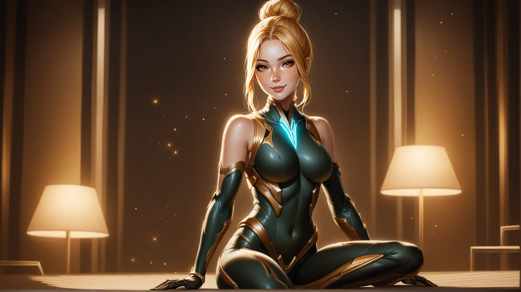 Seductive Woman with Gold Eyes in a WarframeInspired Outfit Sitting Indoors