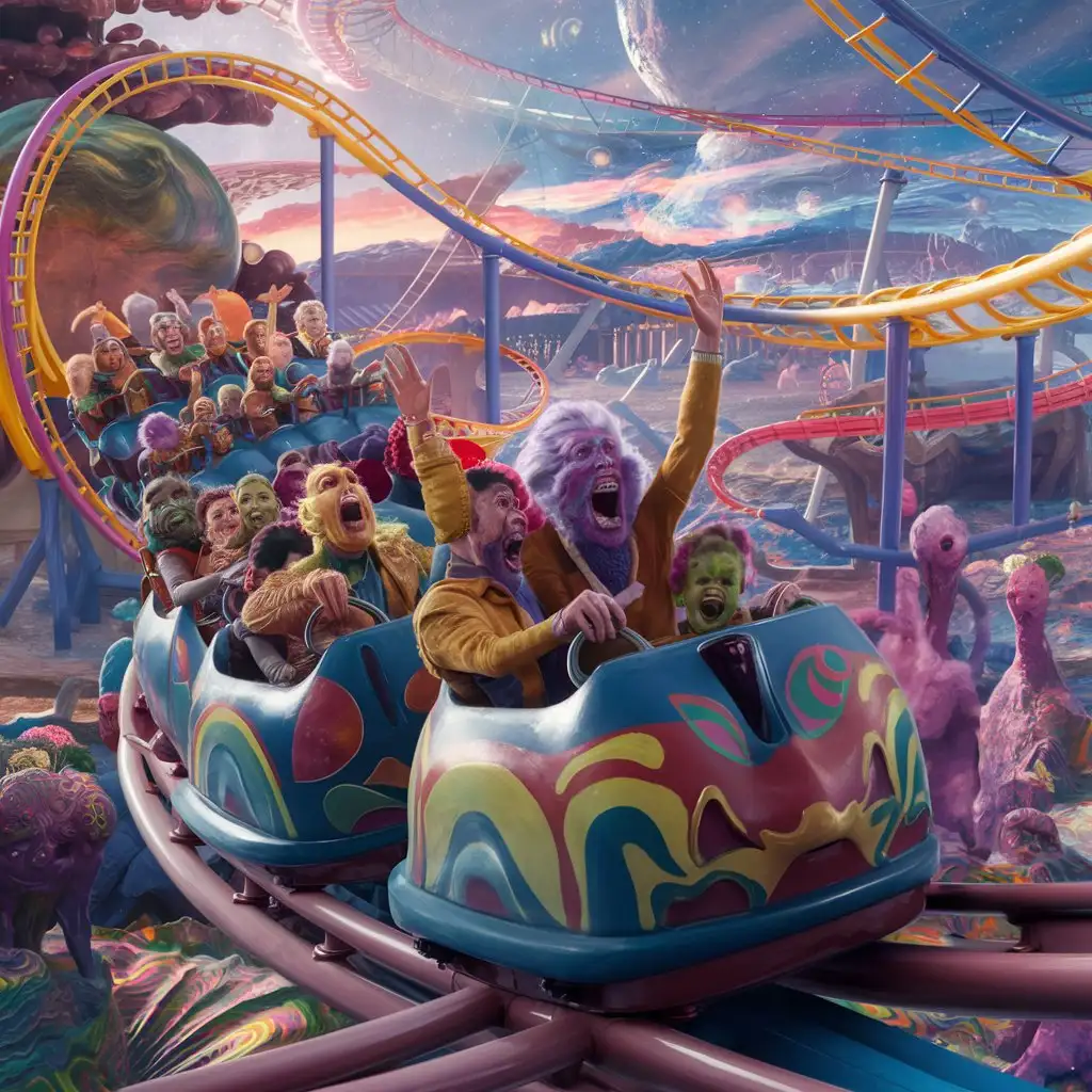 Extraterrestrials-Enjoying-Psychedelic-Roller-Coasters-at-an-Amusement-Park-on-Another-Planet