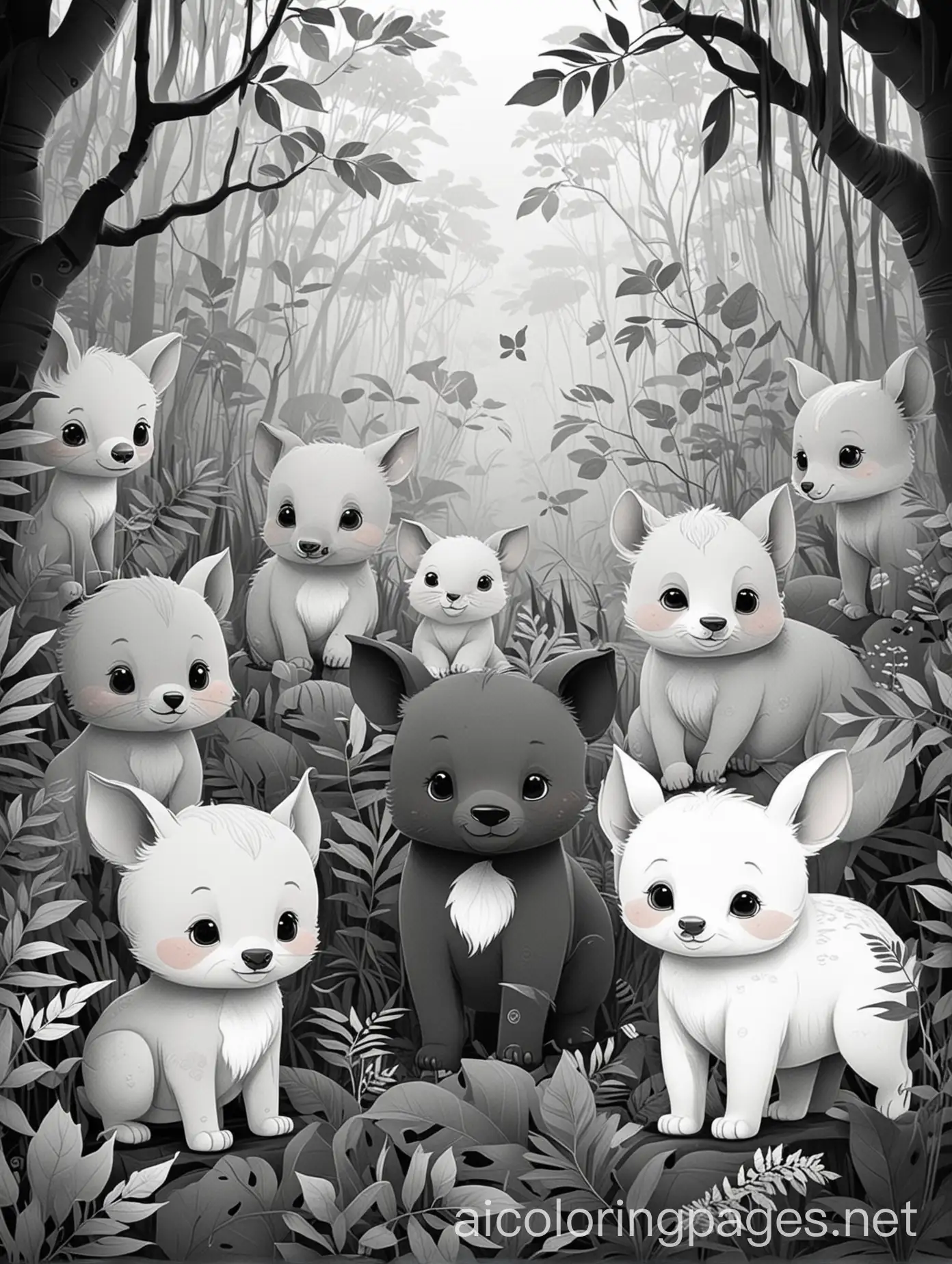 Cute little cartoon style mammals in a dark jungle, smoky and haze surroundings, Coloring Page, black and white, line art, white background, Simplicity, Ample White Space.