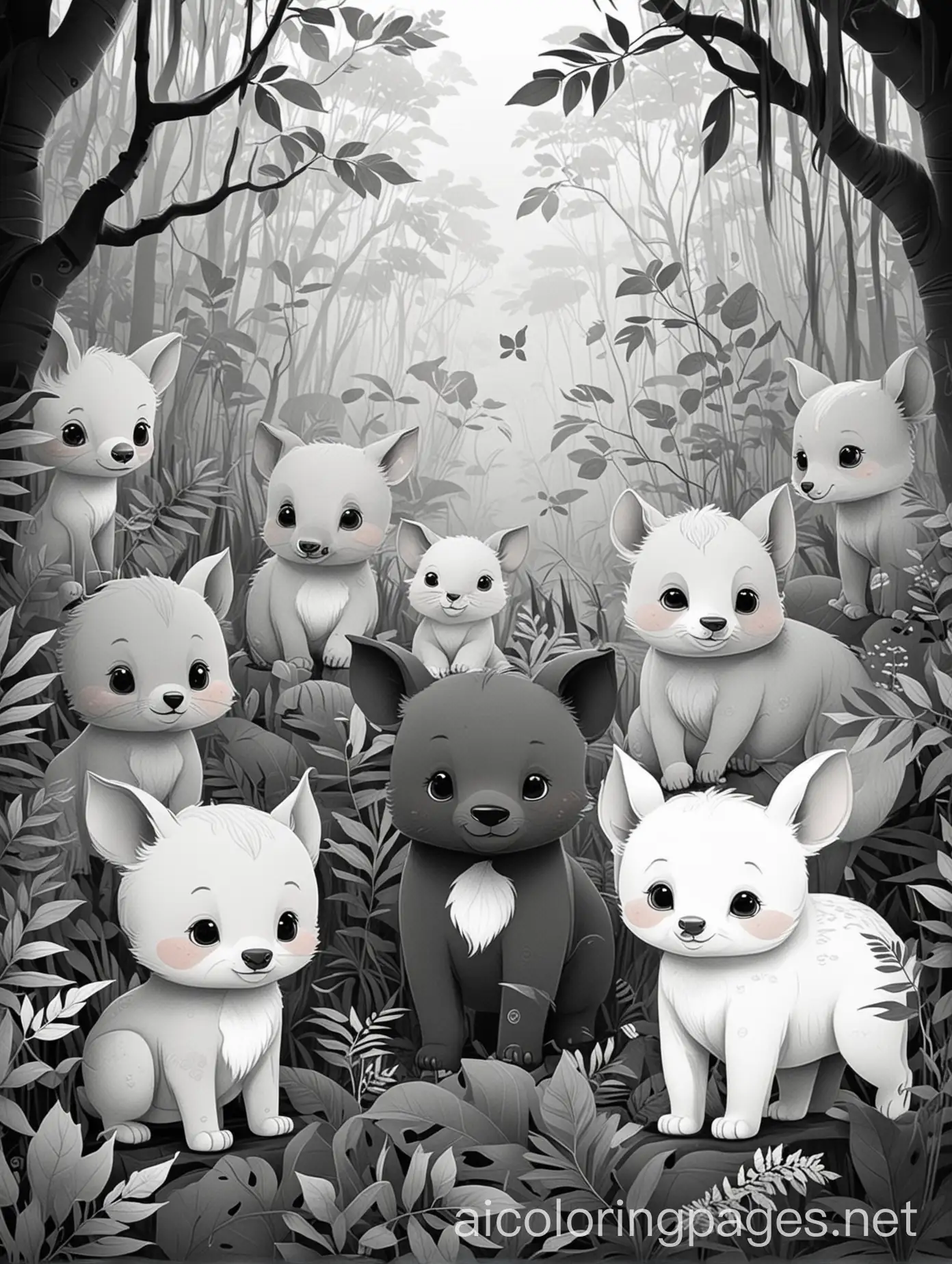 Cute little cartoon style mammals in a dark jungle, smoky and haze surroundings, Coloring Page, black and white, line art, white background, Simplicity, Ample White Space. The background of the coloring page is plain white to make it easy for young children to color within the lines. The outlines of all the subjects are easy to distinguish, making it simple for kids to color without too much difficulty