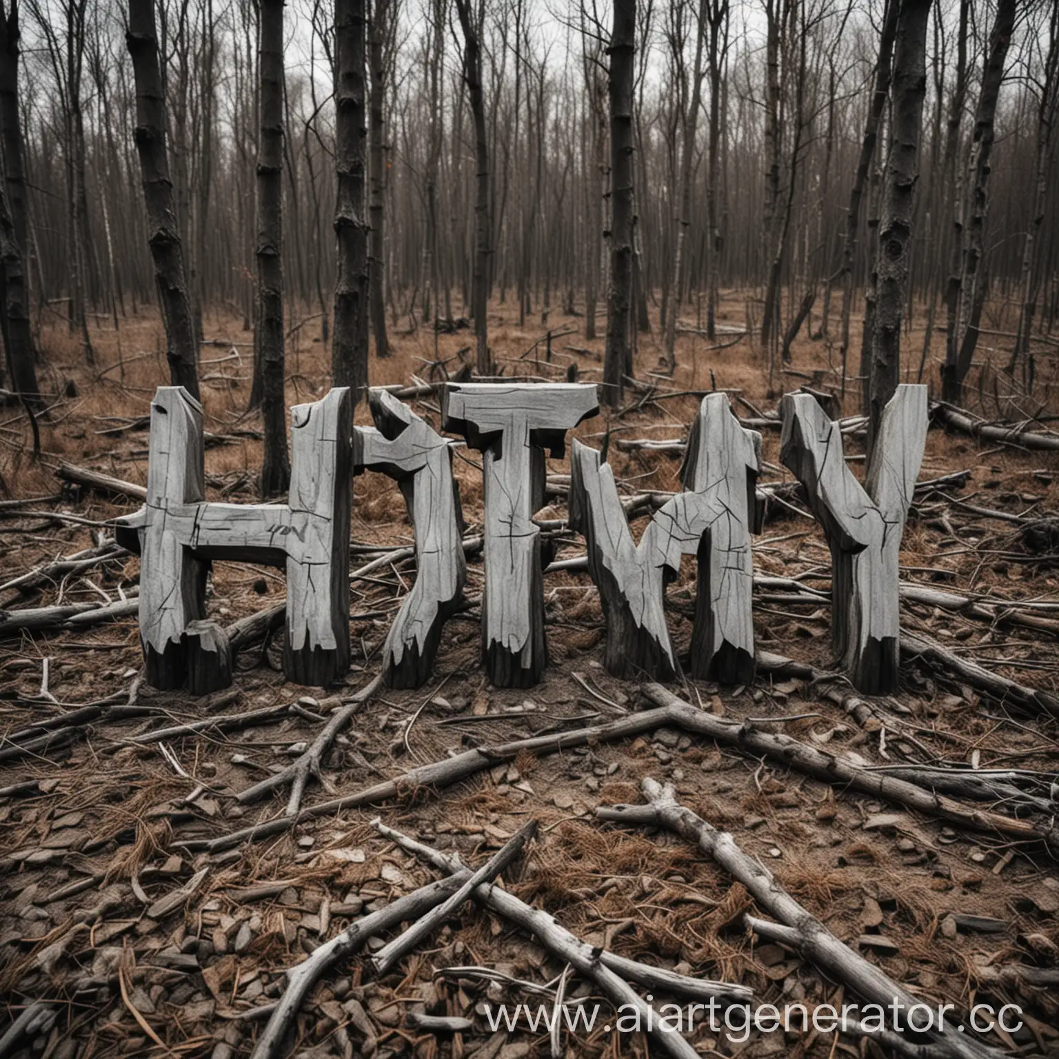 надпись "ХТОНЬ" славянским шрифтом на фоне сухих деревьев в серо-чёрных тонах