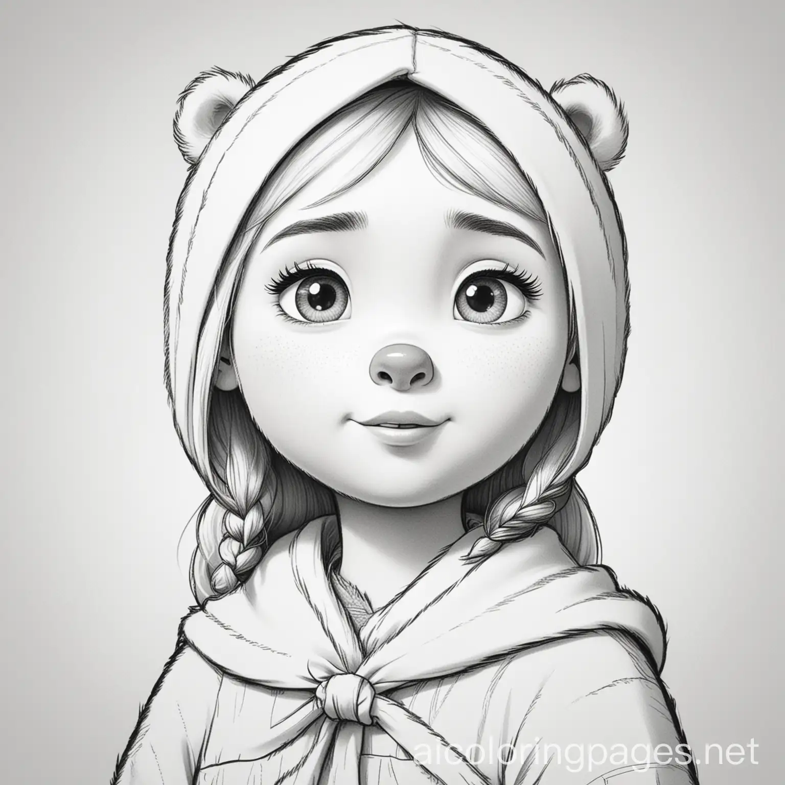 masha and bear, Coloring Page, black and white, line art, white background, Simplicity, Ample White Space. The background of the coloring page is plain white to make it easy for young children to color within the lines. The outlines of all the subjects are easy to distinguish, making it simple for kids to color without too much difficulty