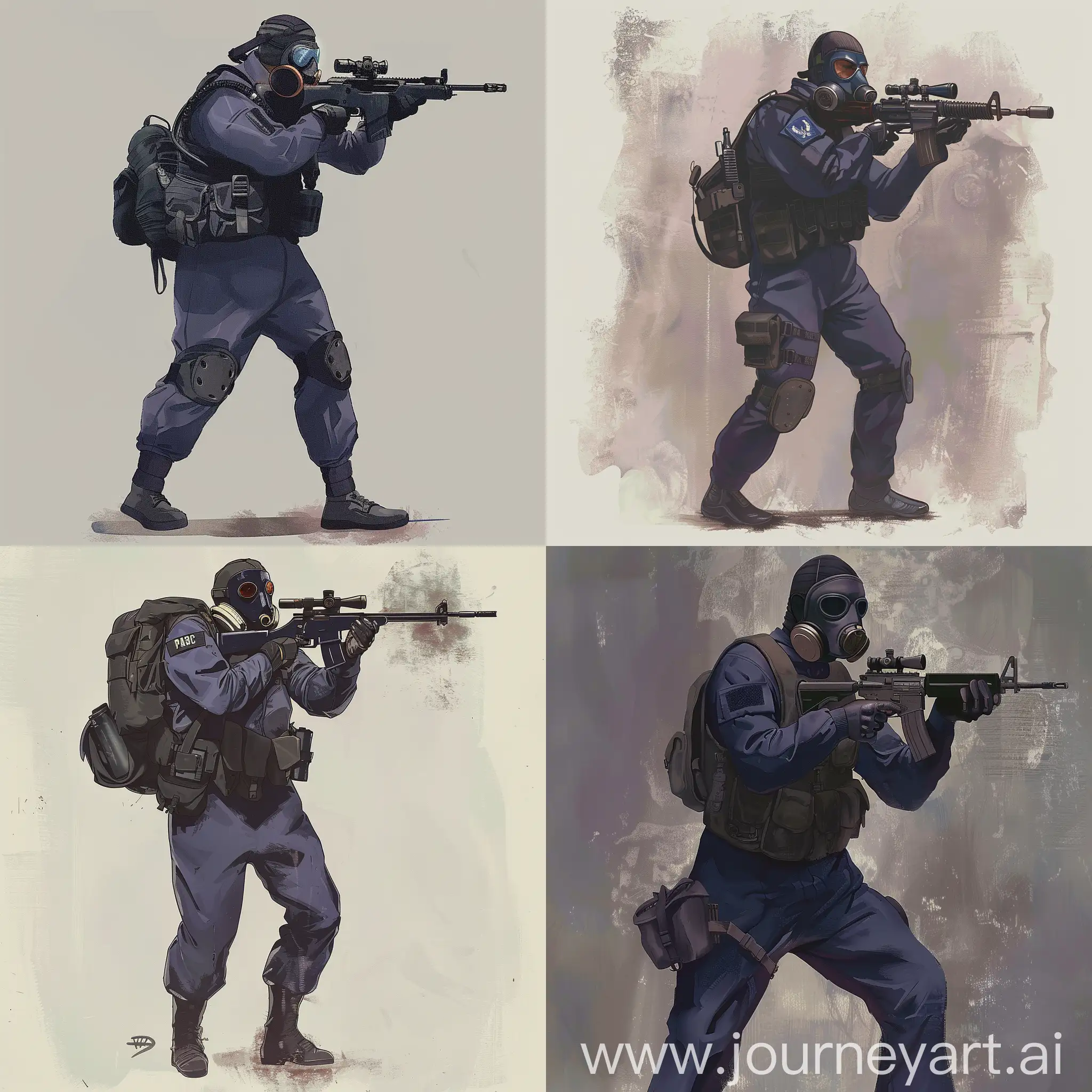 Concept character art, 1978 year SAS operator, dark purple military jumpsuit, hazmat protective gasmask on his face, small military backpack, military unloading on his body, sniper rifle in his hands.