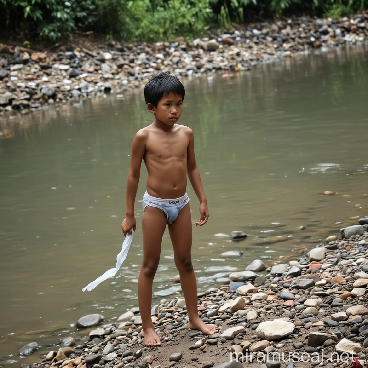 Anak Indonesia Umur 11 Tahun Laki Laki Memakai Celana Dalam, Sedang Kencing Di Sungai