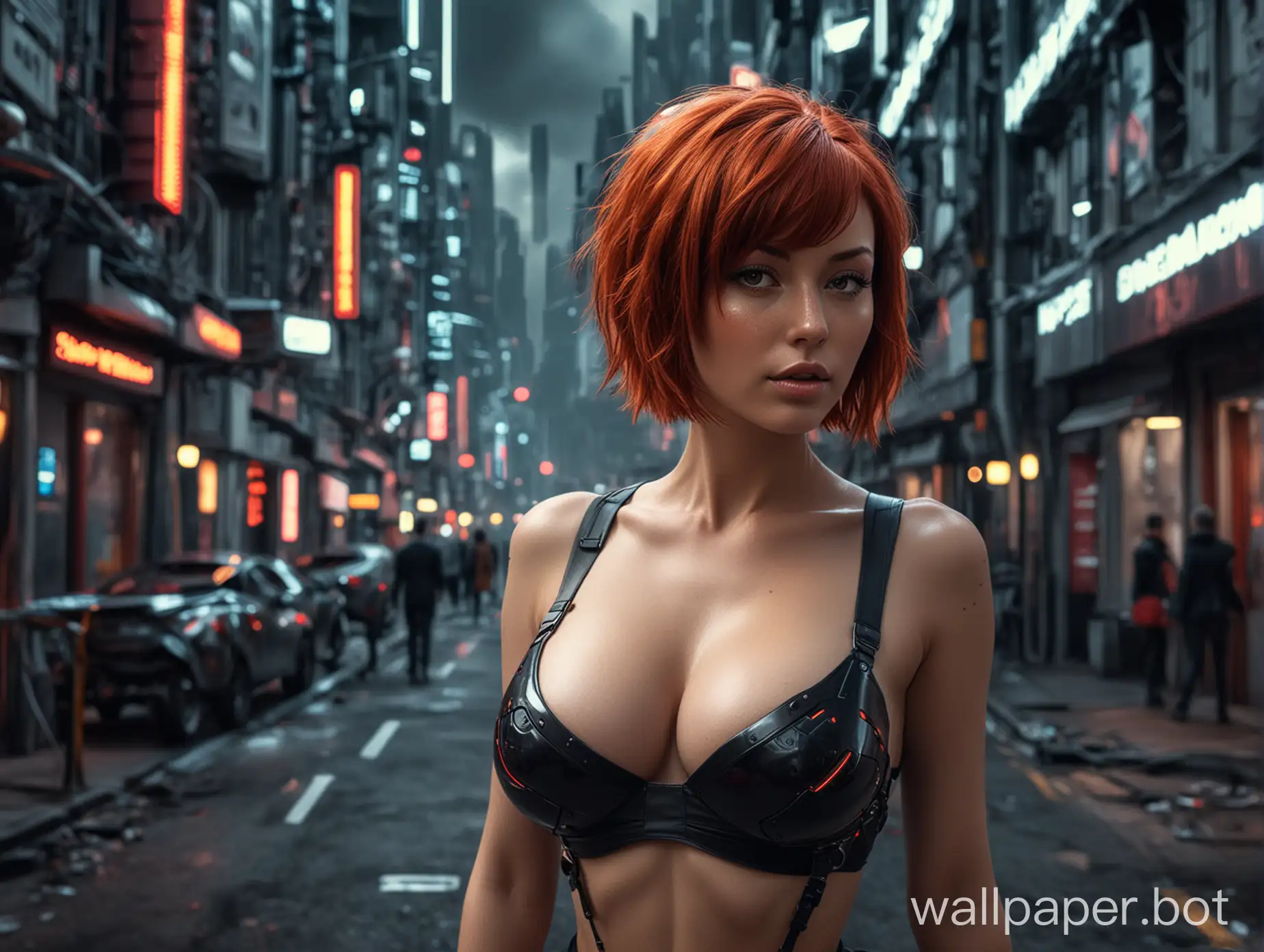 Beautiful sexy girl with short red hair, big breasts, walking down the street of the city of the future, futuristic design, cyberpunk style, dark background