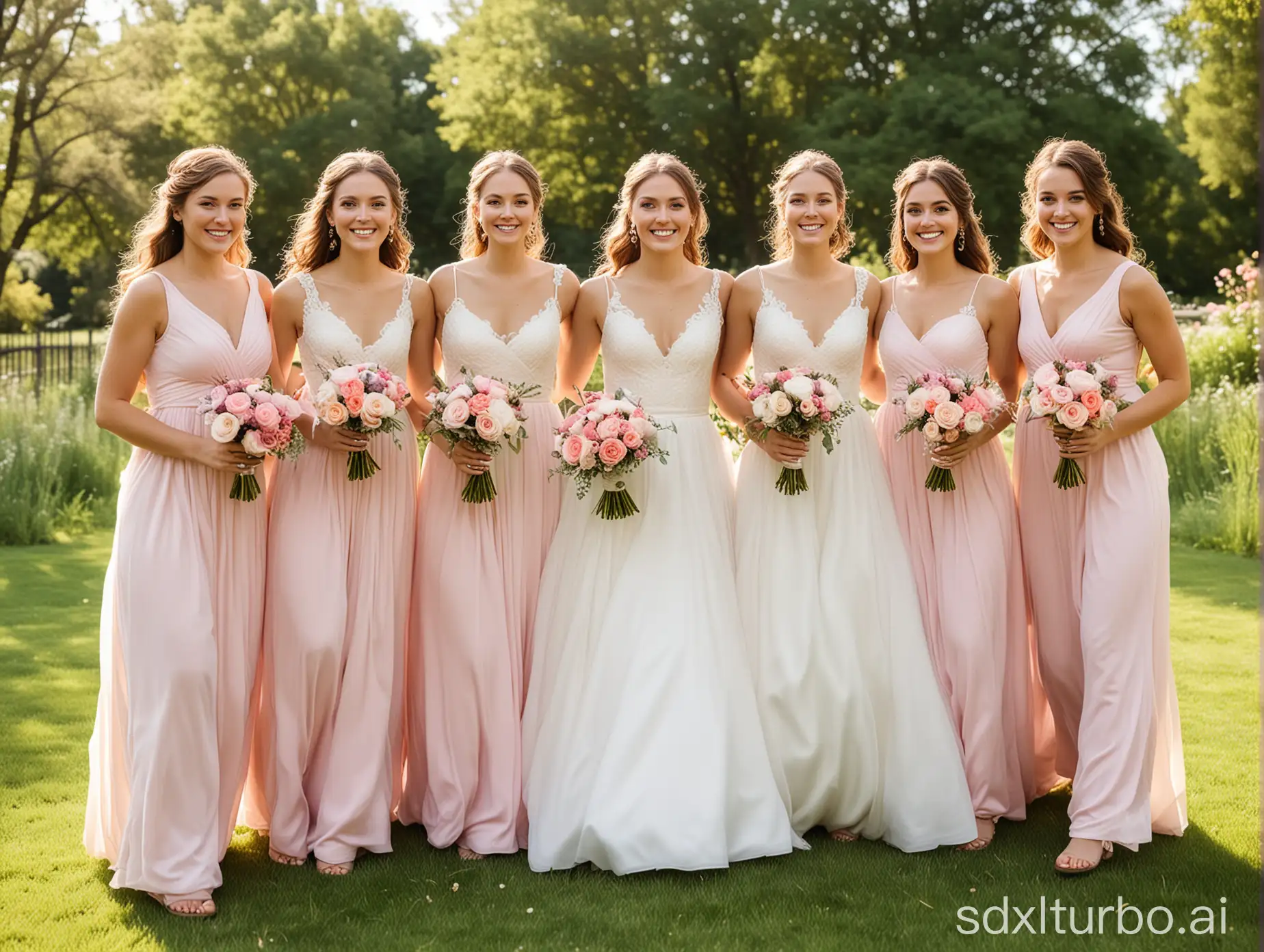 Five young American women are at a wedding, with the bride wearing a white wedding dress in the middle, smiling happily. The other four are bridesmaids wearing pink bridesmaid dresses, holding bouquets in their hands, with joyful and bright expressions. Each person's face should be distinctive, with relaxed posture. The background is grassy, sunny, well-focused, and high-quality.