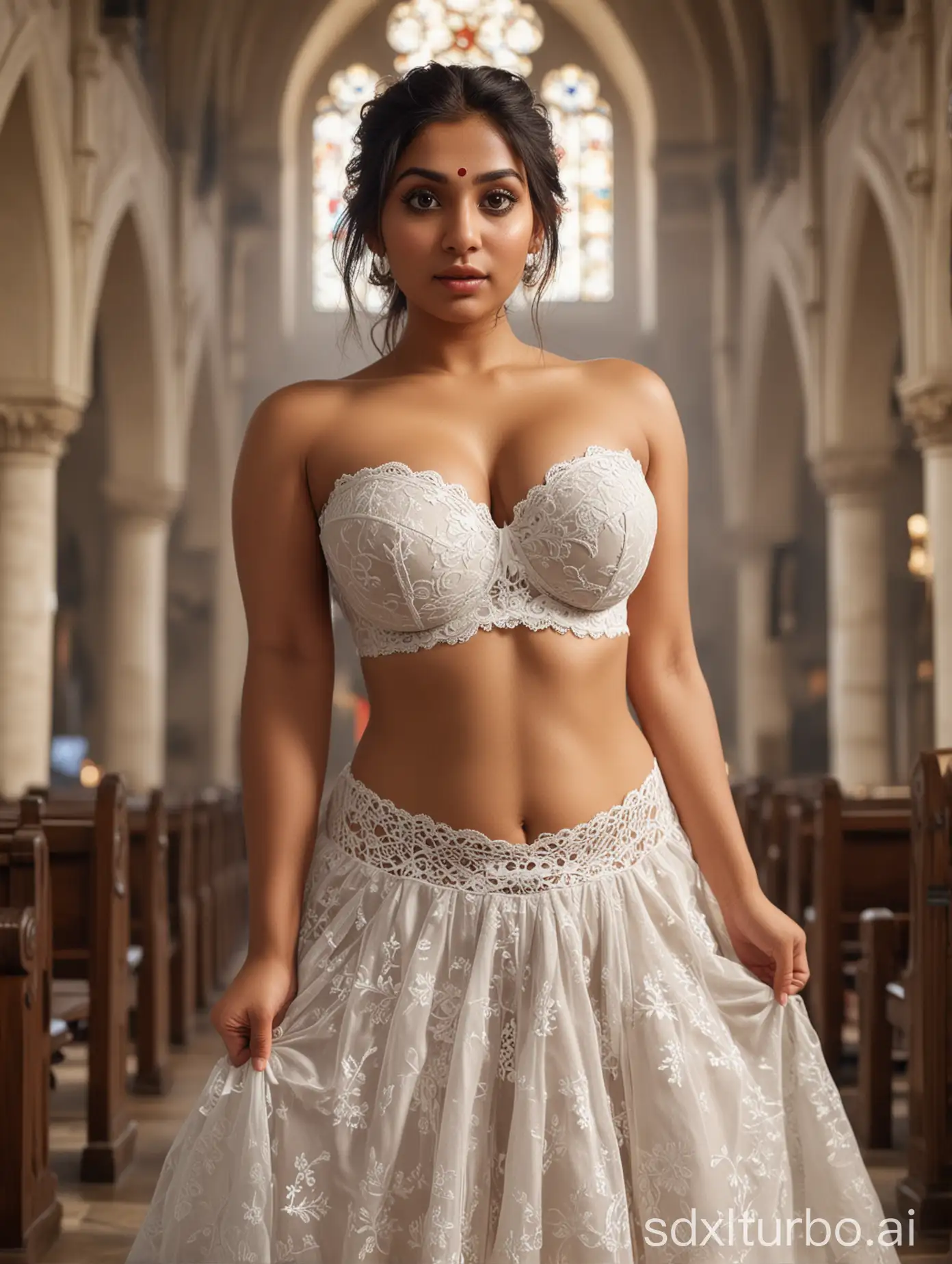 CURVY Indian woman with large breasts and flat abdomen, with hair bun, with Plump female body, with white lace strapless bra with deep cleavage and transparent lace long skirt, she has a busty body, is standing in a crowded church. big eyes, perfect wine eyes, fantastic face, beautiful appearance, detailed elegance, blurred background, ultra focus, face illuminated, face detailed, 16k resolution, full body view
