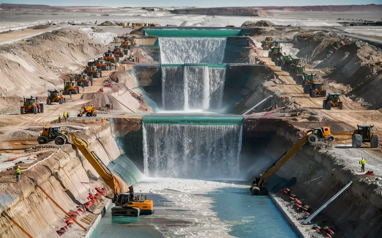 Mega Construction Workers Digging Deep Beneath a Wide River and Waterfall in a Sandy Desert