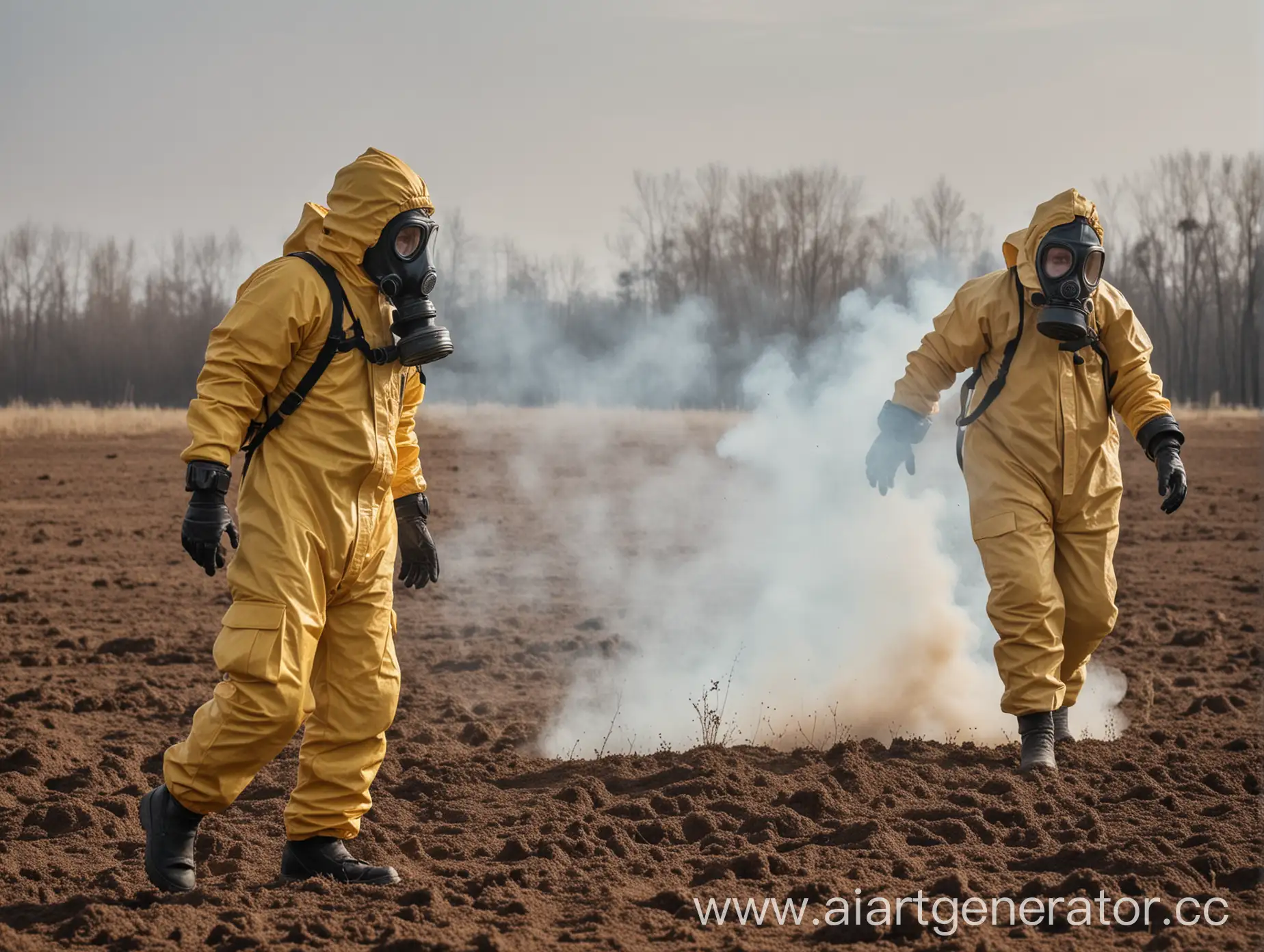 Люди в костюмах химзащиты и в противогаз Гп-7 выпускает и распыляют газ в поле