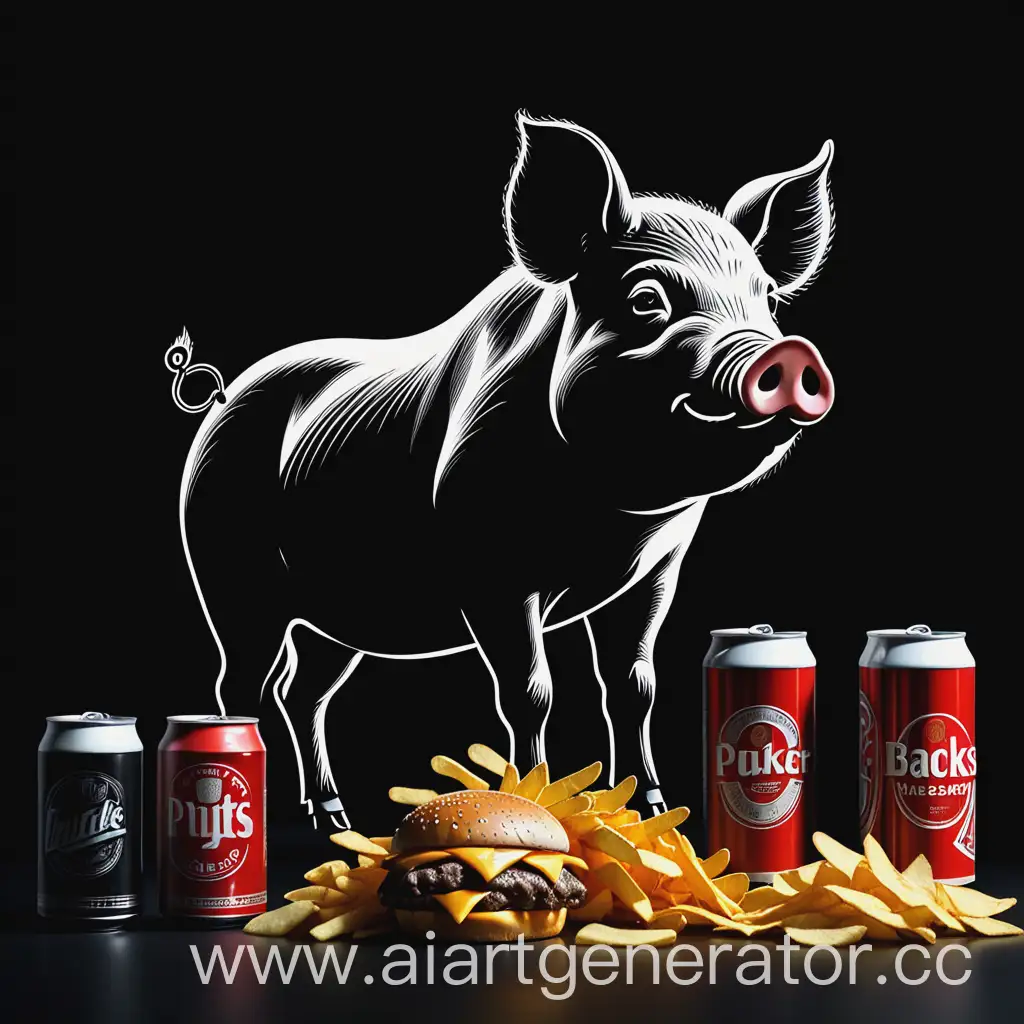 на чёрном фоне изобразите силуэт свиньи в окружении банок пива, пачек чипсов и бургеров. Под картинкой оставь место для двух слов