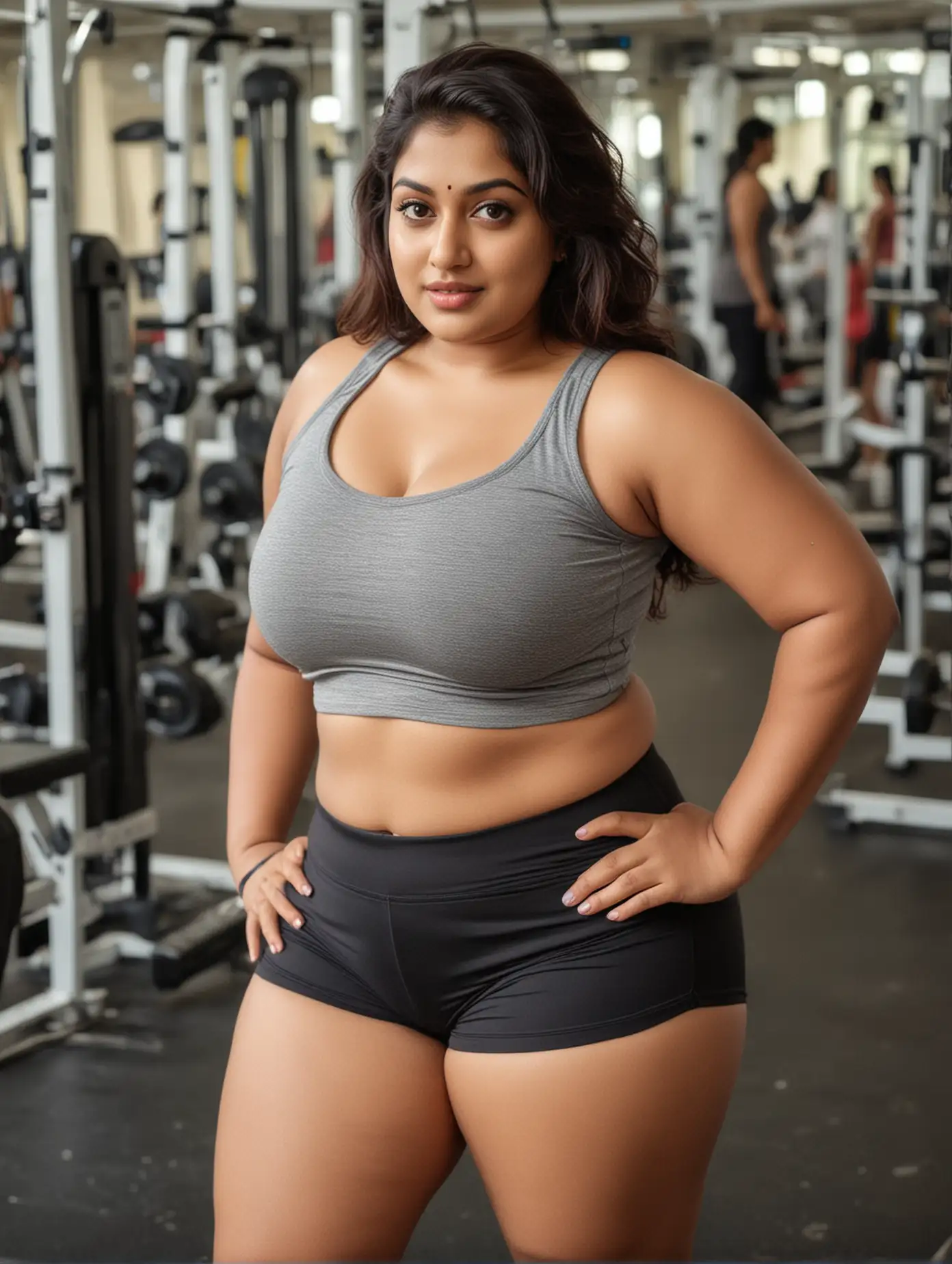 Beautiful indian plus size curvy women wore shorts workout in gym