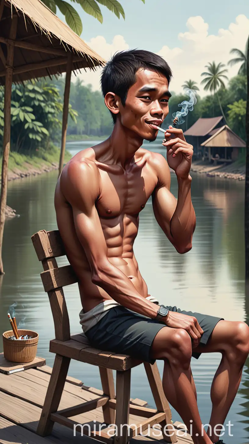 Indonesian Man Smoking by River with Hut Background