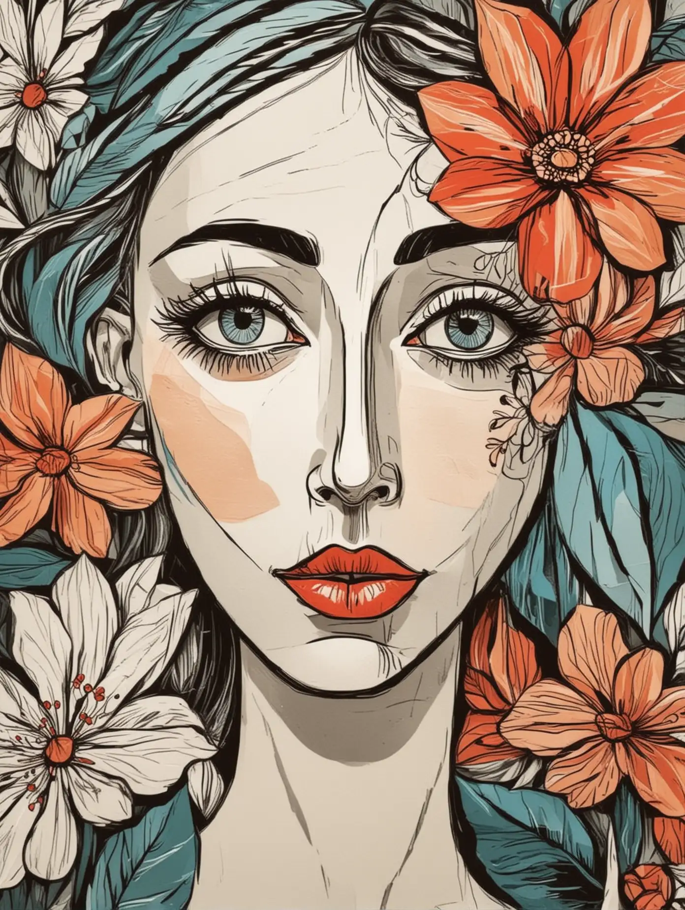 woman's face line art with flowers in the style of picasso
