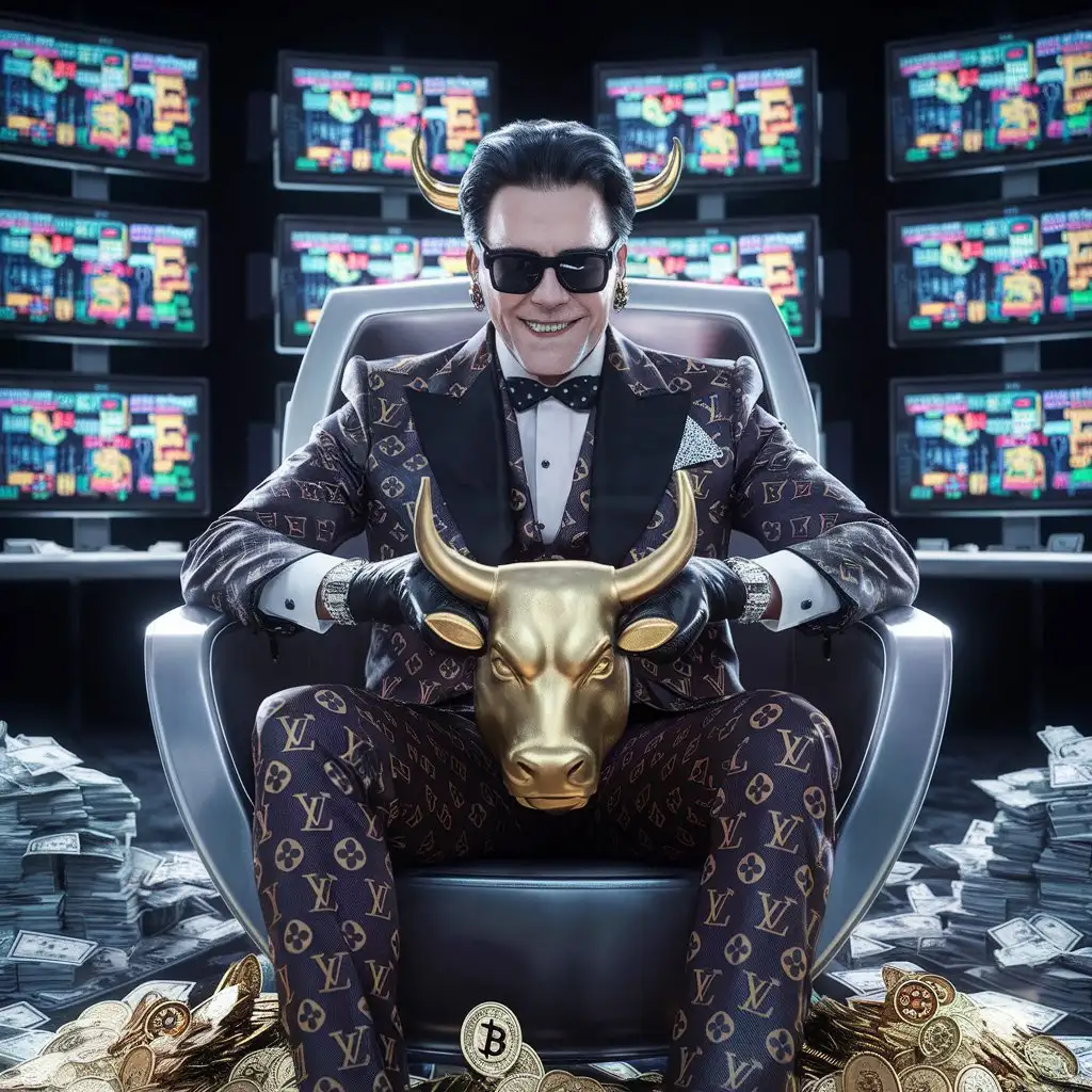 Wealthy-Businessman-with-Golden-Bull-Statue-Surrounded-by-Money-and-Bitcoin