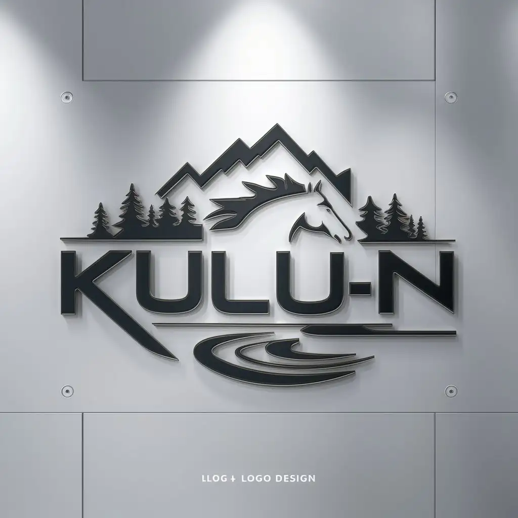 a logo design,with the text "KULUN", main symbol:colt, forest, mountains, river, Moderate,clean background,Moderate,be used in Others industry,clear background,Moderate,be used in Others industry,clear background